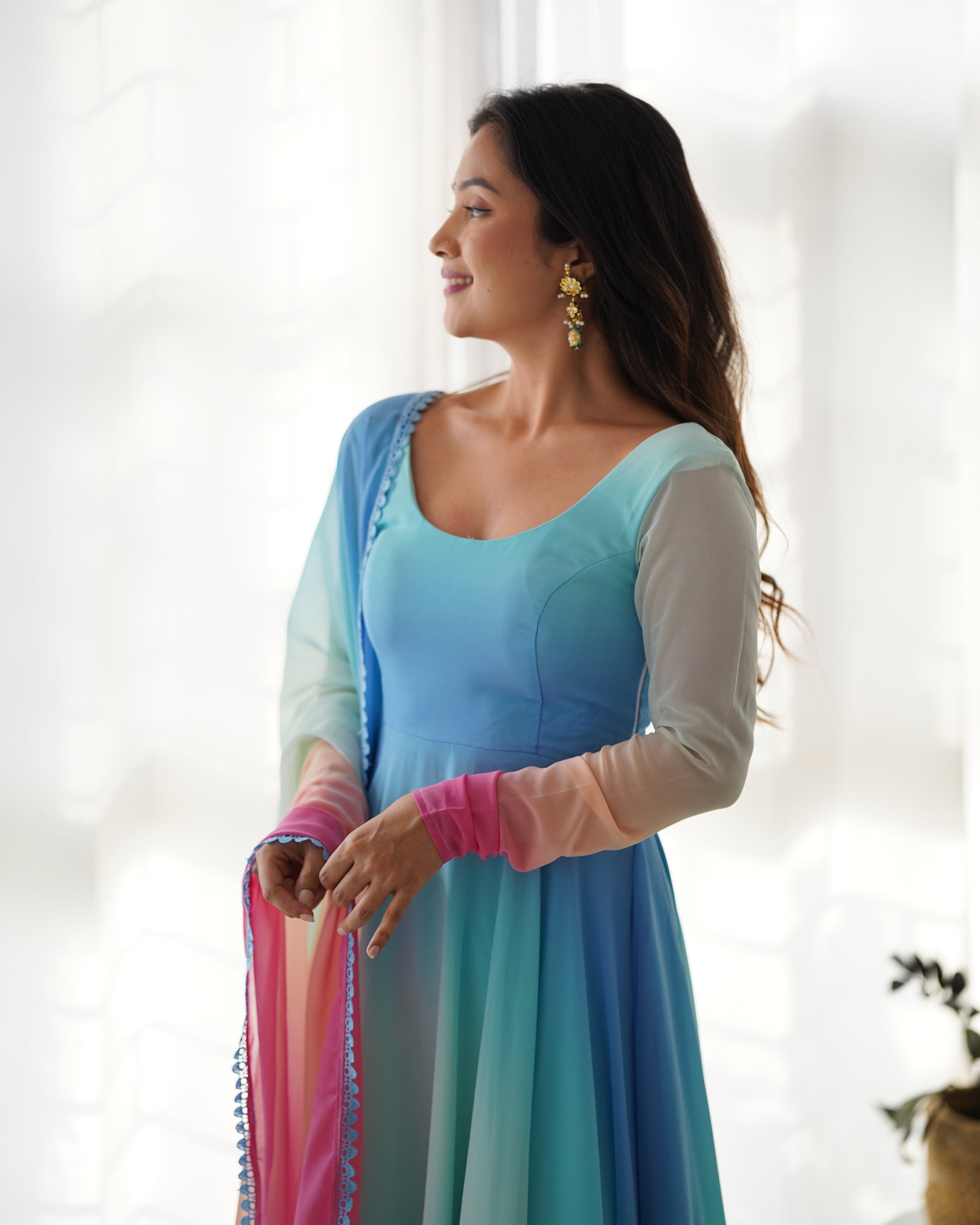 Enchanting Shaded Faux Georgette Fully Stitched Anarkali Pant Suit - INDIAN ELEGANCE