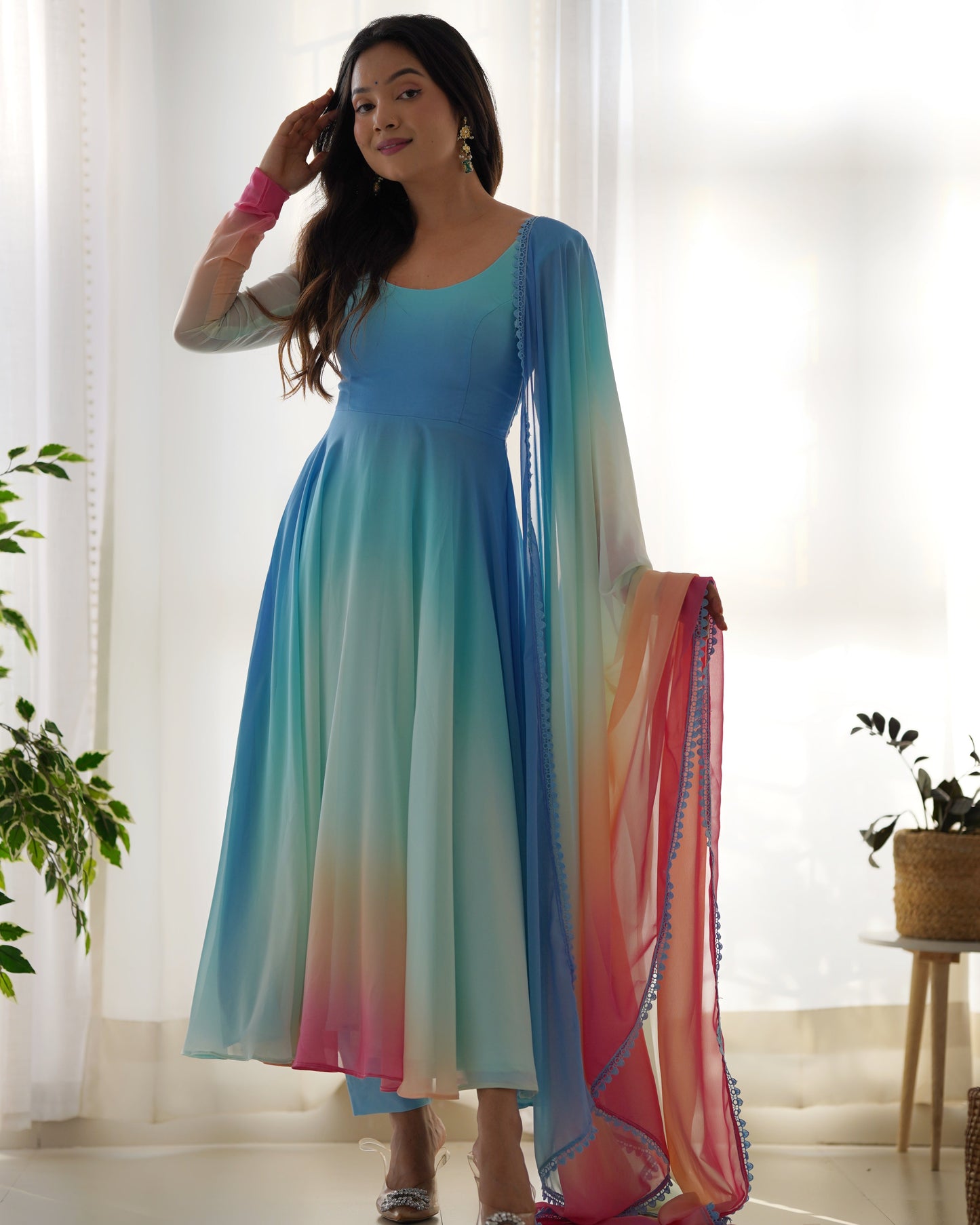 Enchanting Shaded Faux Georgette Fully Stitched Anarkali Pant Suit - INDIAN ELEGANCE