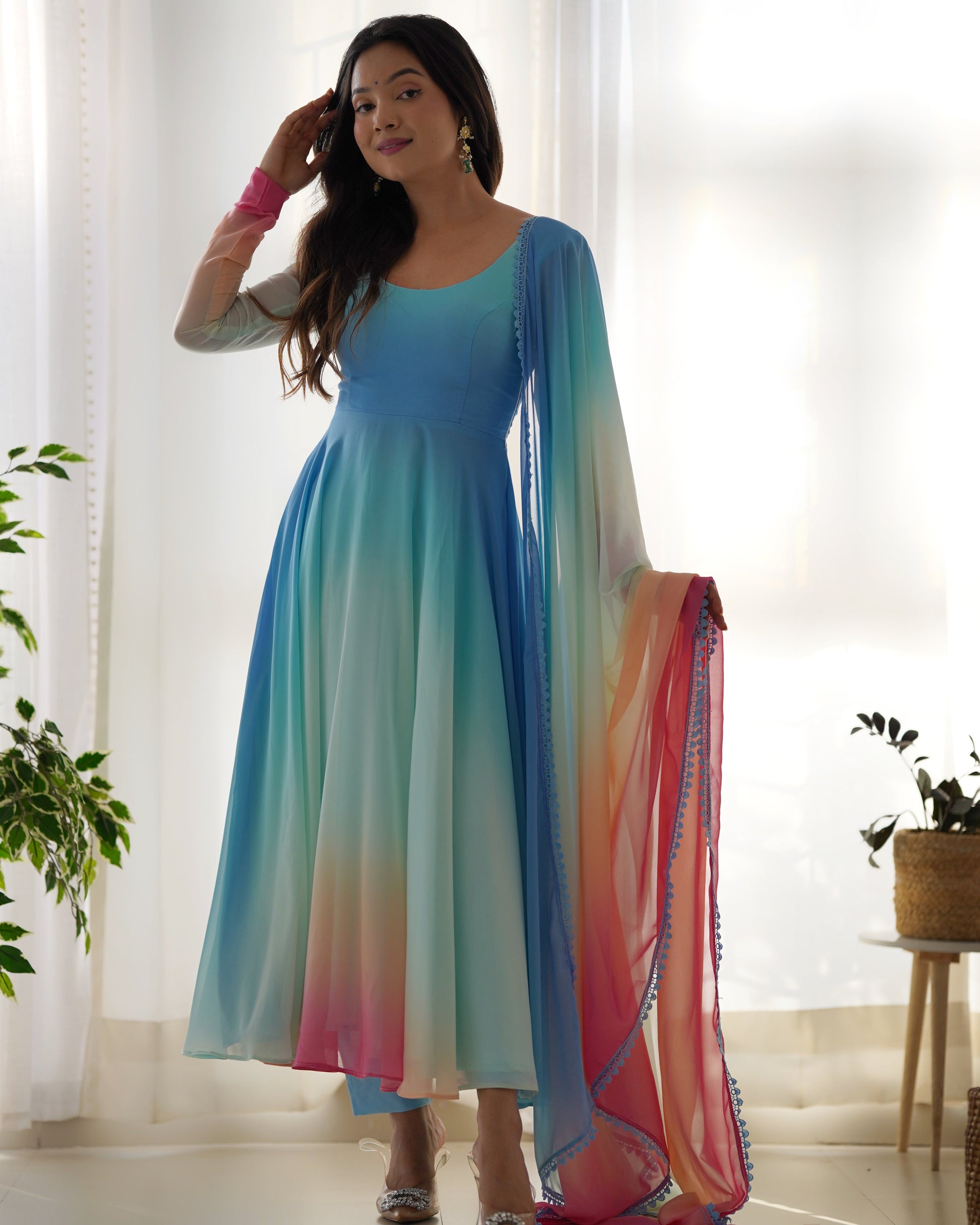 Enchanting Shaded Faux Georgette Fully Stitched Anarkali Pant Suit - INDIAN ELEGANCE