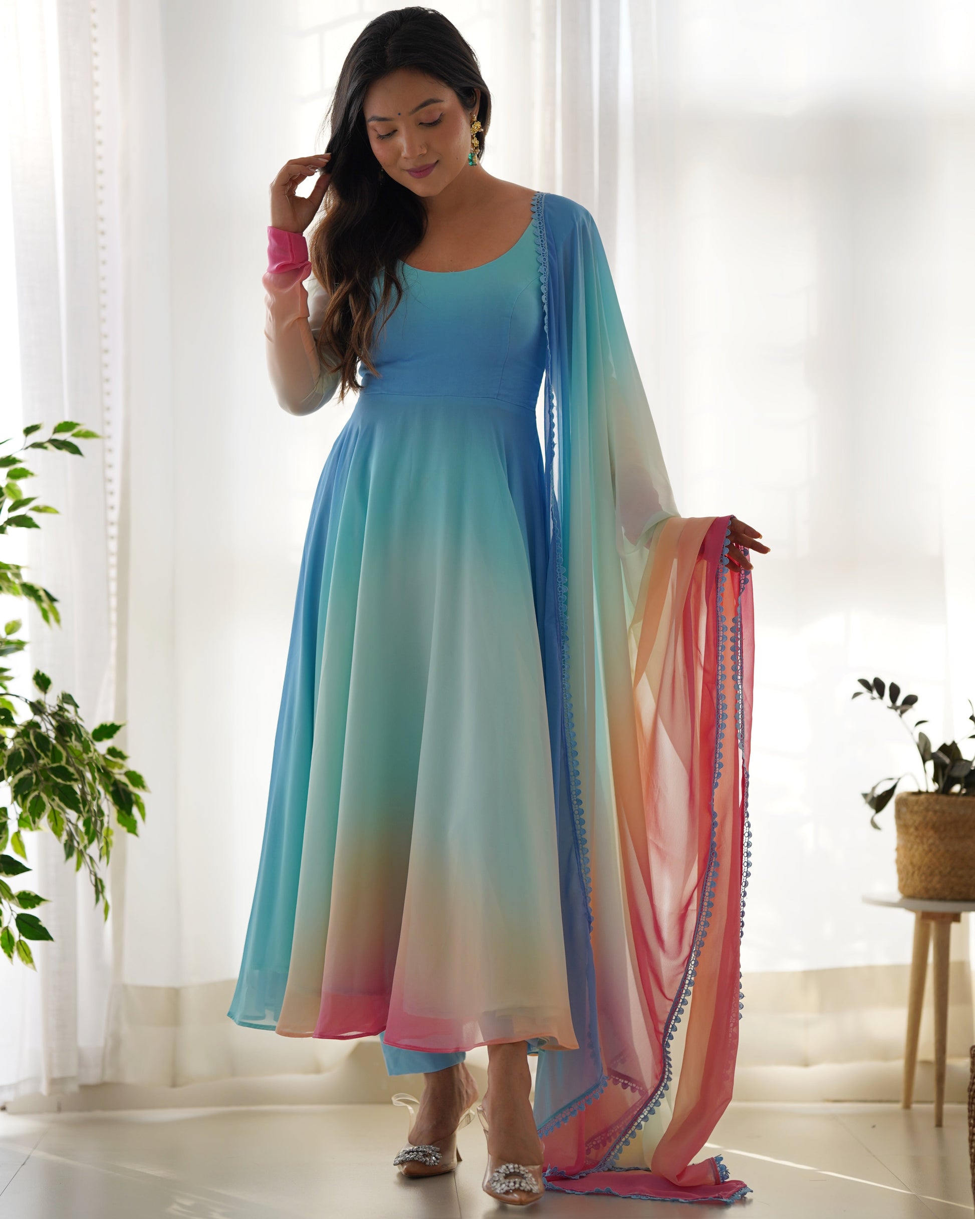 Enchanting Shaded Faux Georgette Fully Stitched Anarkali Pant Suit - INDIAN ELEGANCE