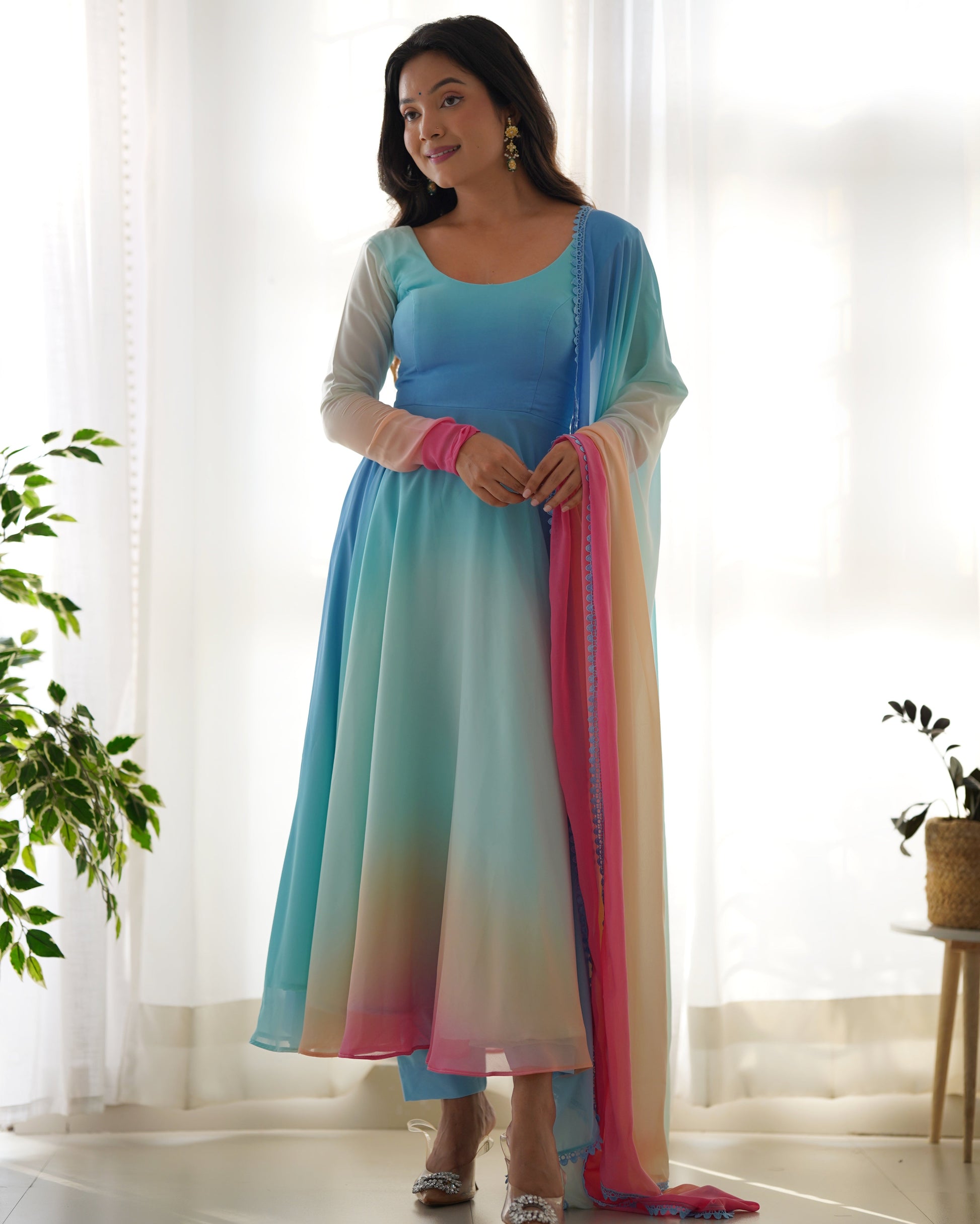 Enchanting Shaded Faux Georgette Fully Stitched Anarkali Pant Suit - INDIAN ELEGANCE