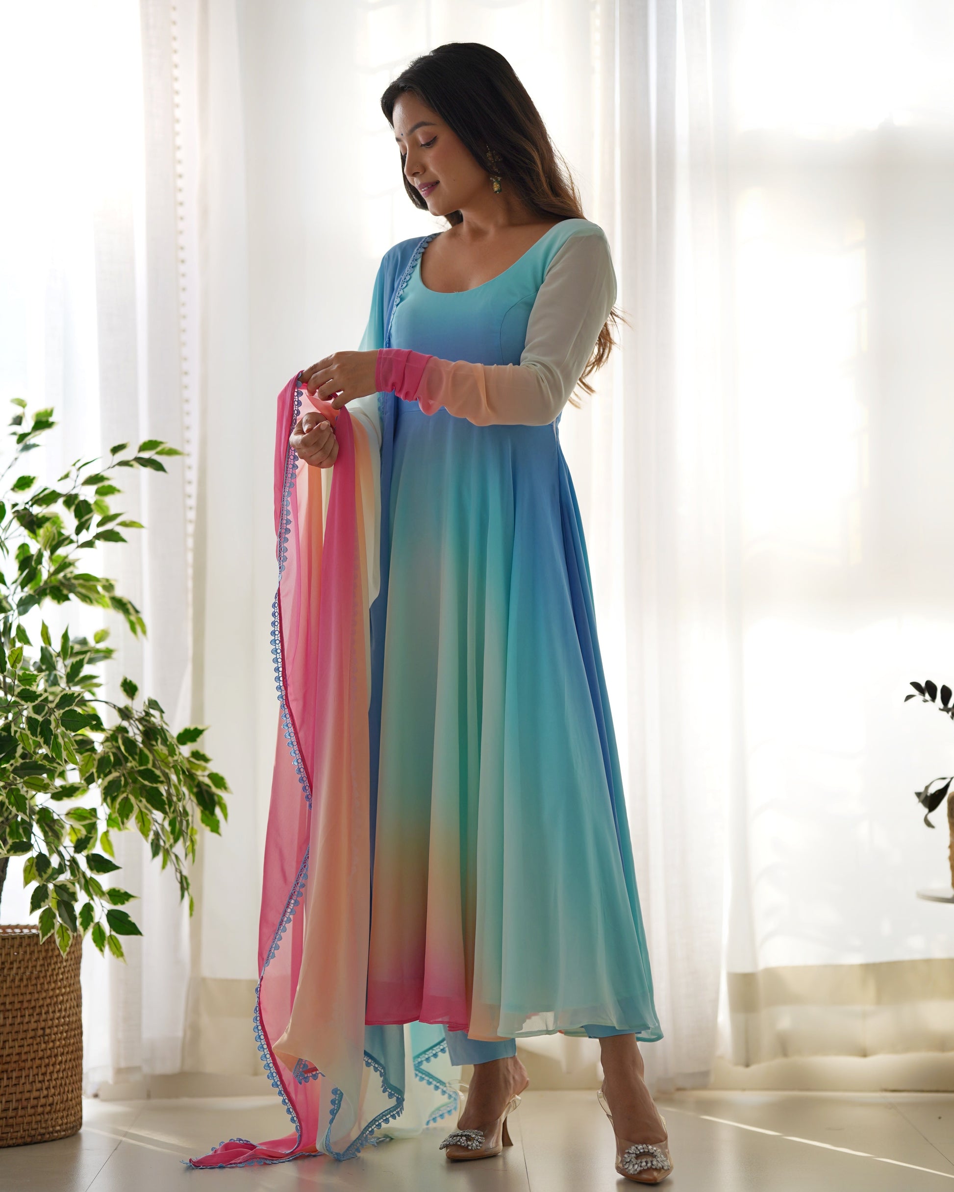 Enchanting Shaded Faux Georgette Fully Stitched Anarkali Pant Suit - INDIAN ELEGANCE