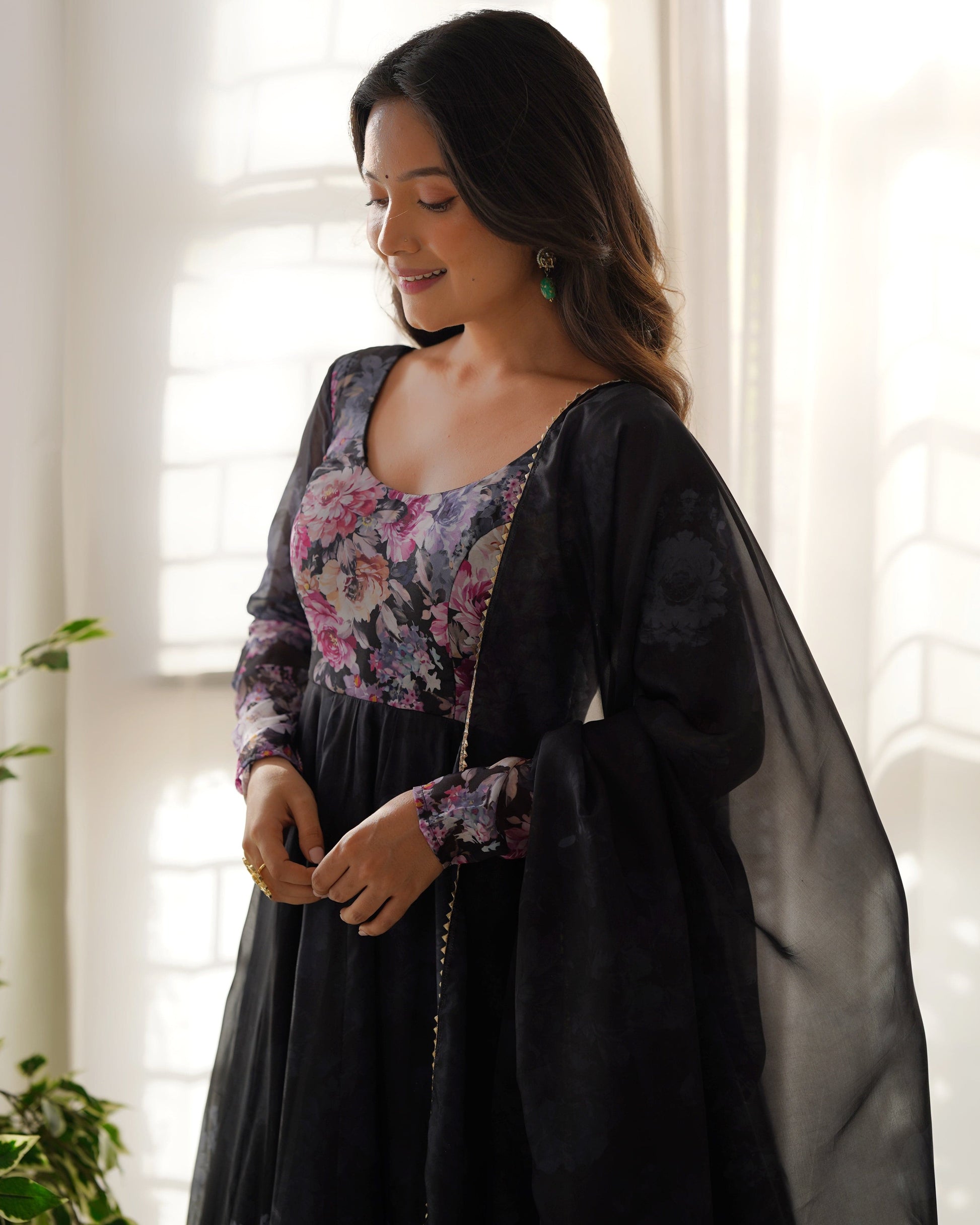 Lovely Organza Silk Floral Digital Printed Anarkali Pant Suit - INDIAN ELEGANCE