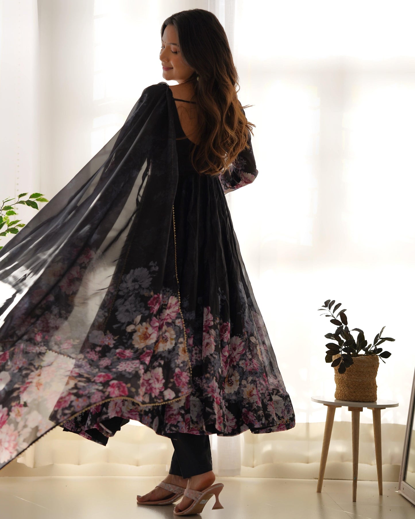 Lovely Organza Silk Floral Digital Printed Anarkali Pant Suit - INDIAN ELEGANCE