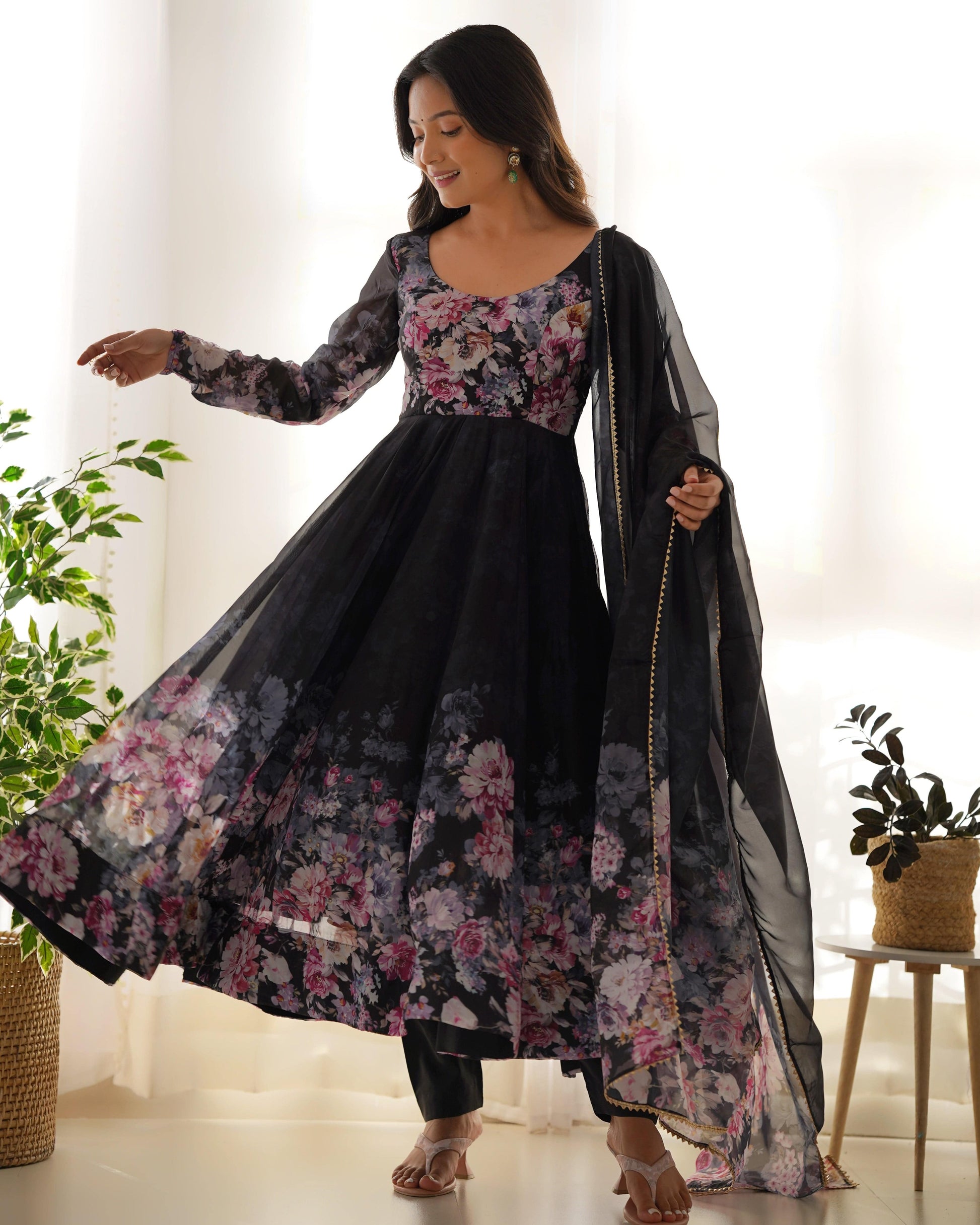 Lovely Organza Silk Floral Digital Printed Anarkali Pant Suit - INDIAN ELEGANCE