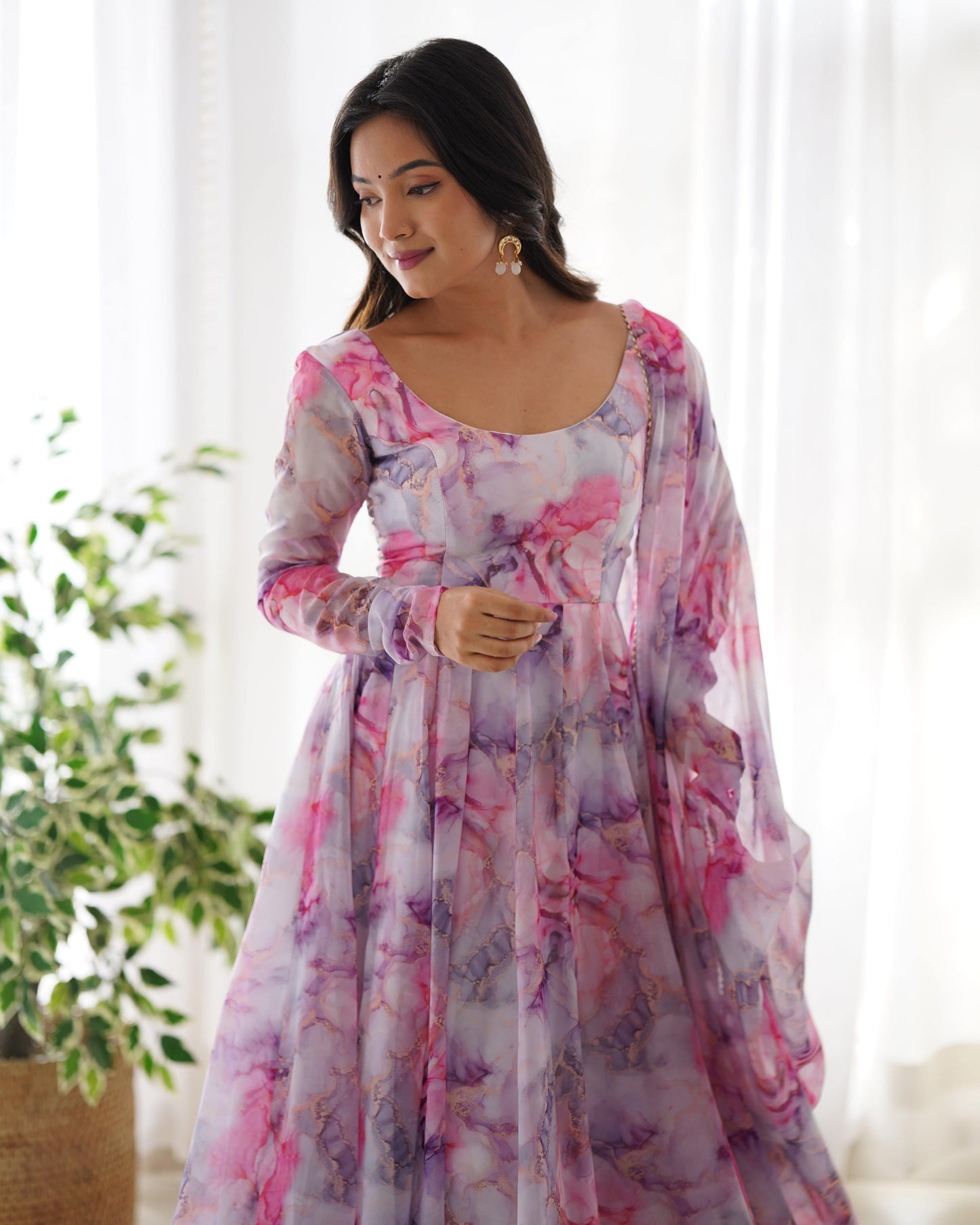 Graceful Organza Silk Floral Digital Printed Anarkali Pant Suit - INDIAN ELEGANCE