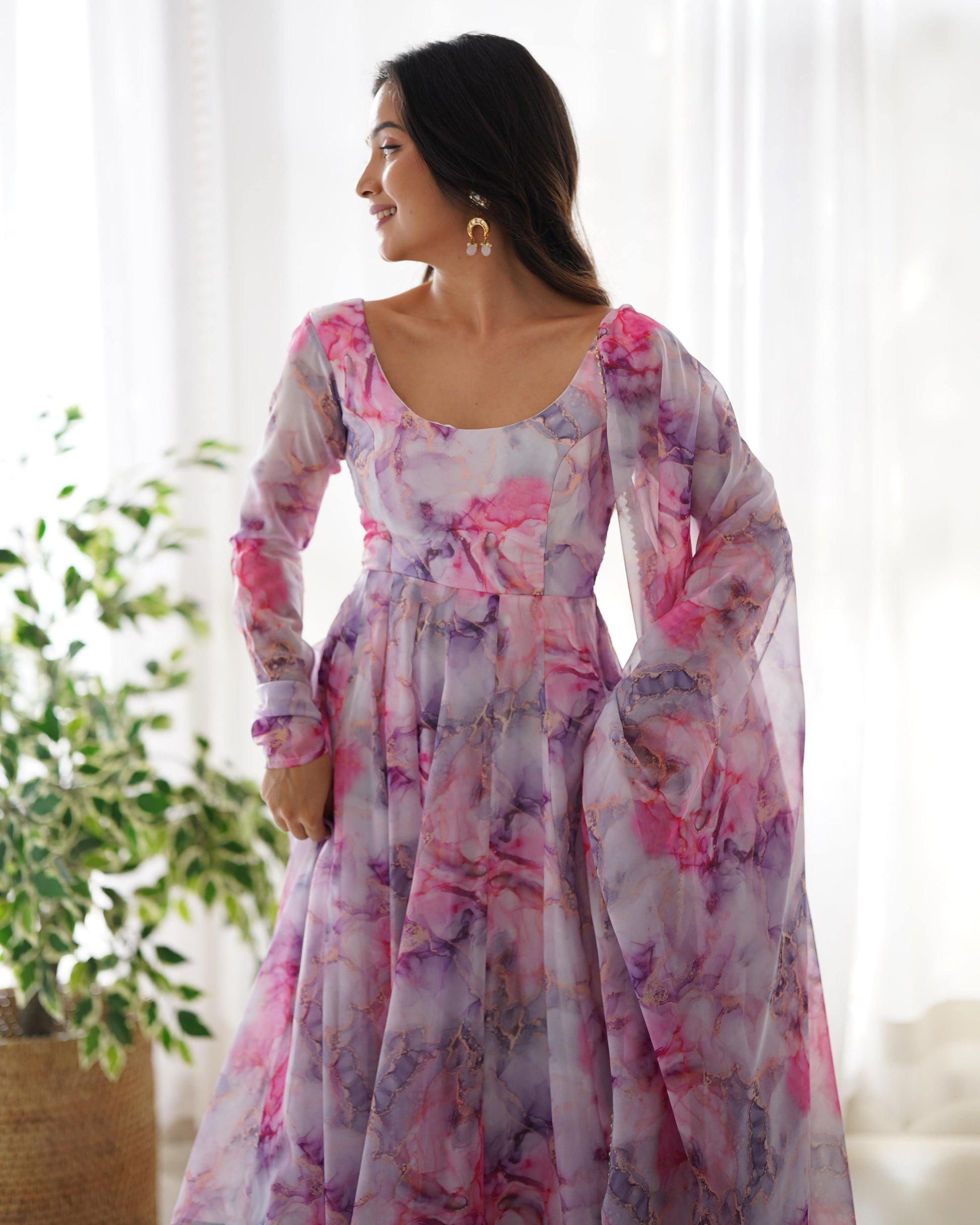 Graceful Organza Silk Floral Digital Printed Anarkali Pant Suit - INDIAN ELEGANCE