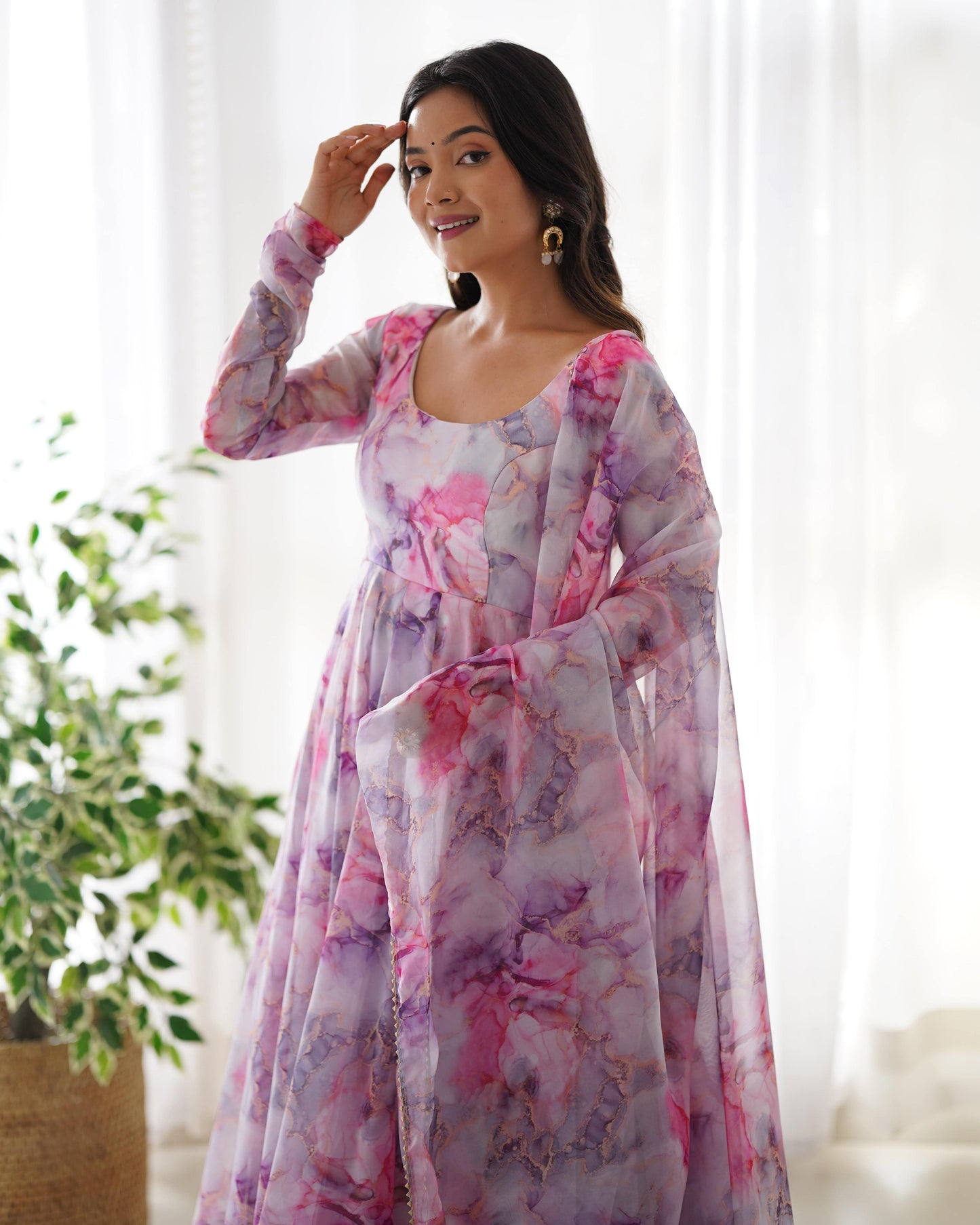 Graceful Organza Silk Floral Digital Printed Anarkali Pant Suit - INDIAN ELEGANCE