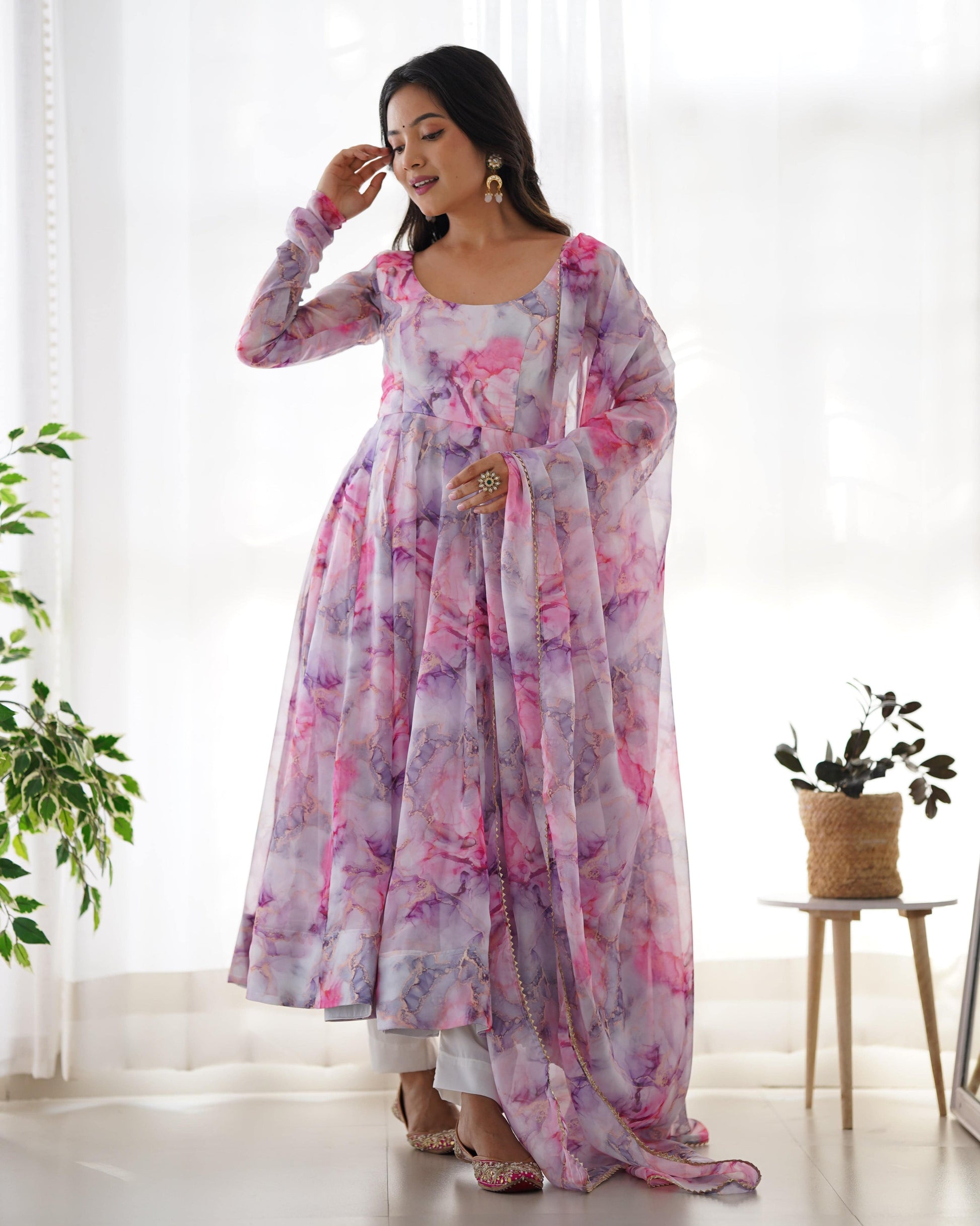Graceful Organza Silk Floral Digital Printed Anarkali Pant Suit - INDIAN ELEGANCE