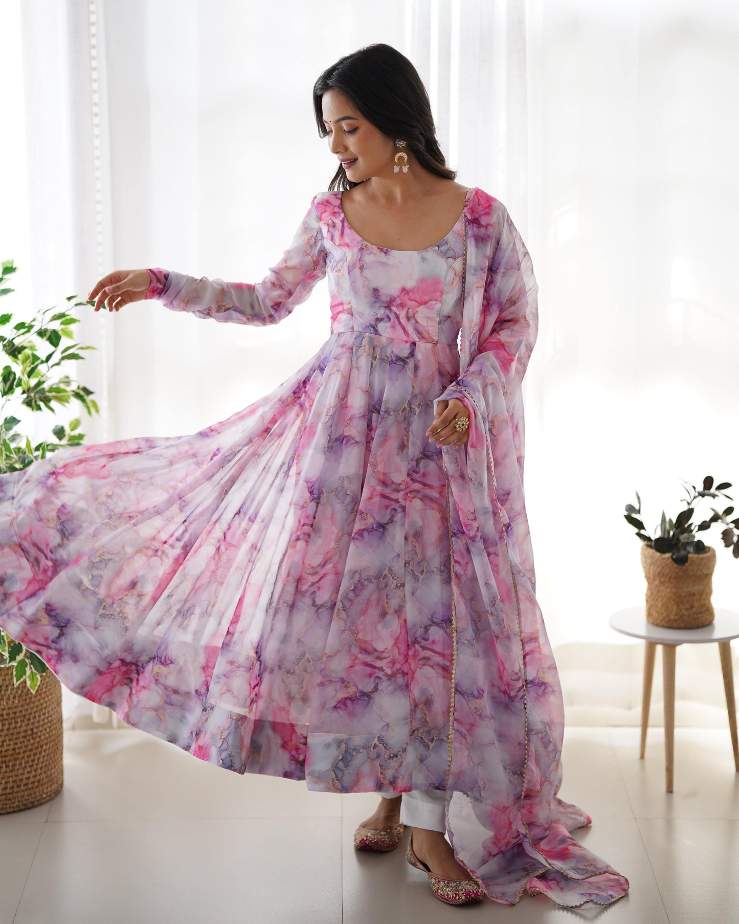 Graceful Organza Silk Floral Digital Printed Anarkali Pant Suit - INDIAN ELEGANCE