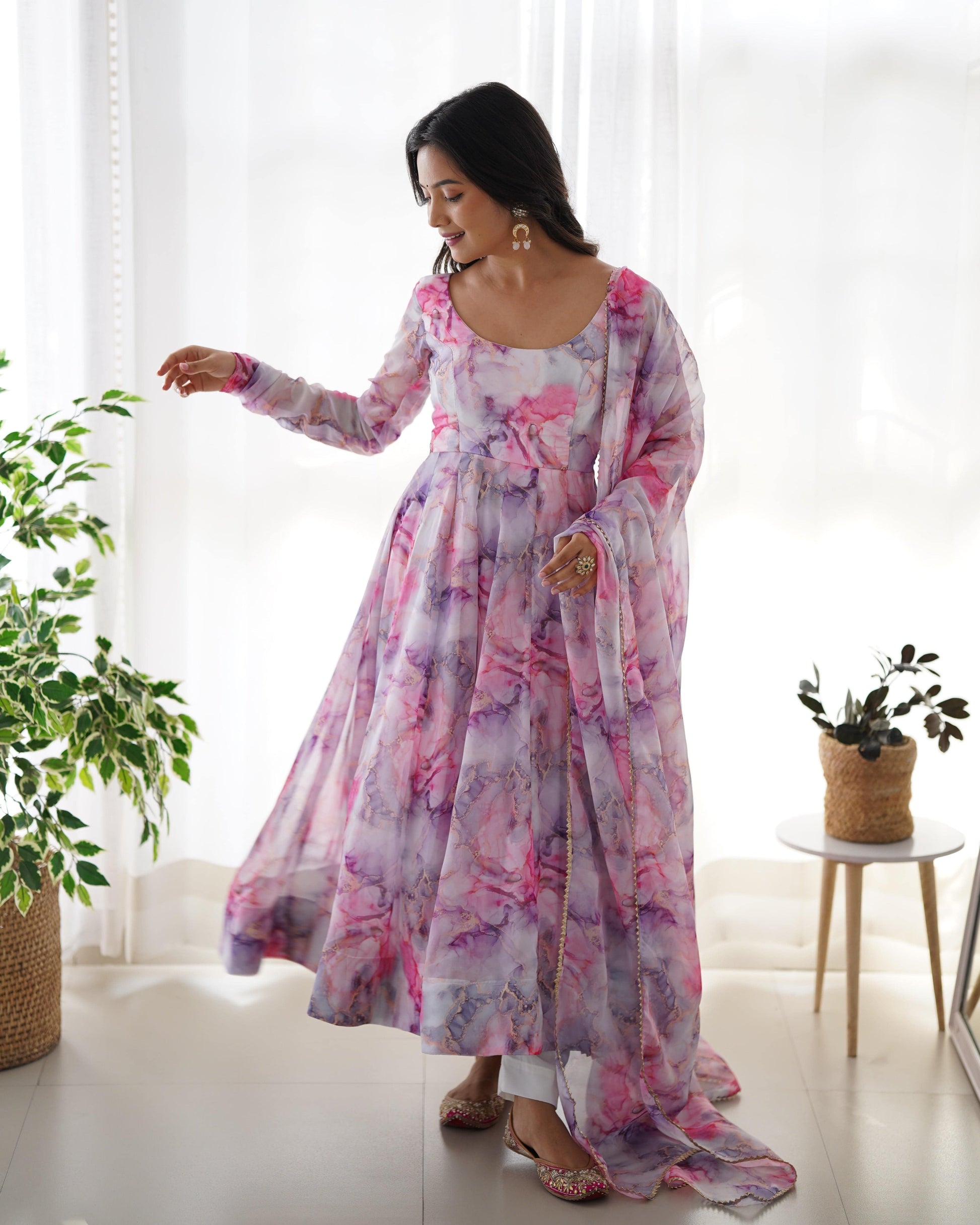 Graceful Organza Silk Floral Digital Printed Anarkali Pant Suit - INDIAN ELEGANCE
