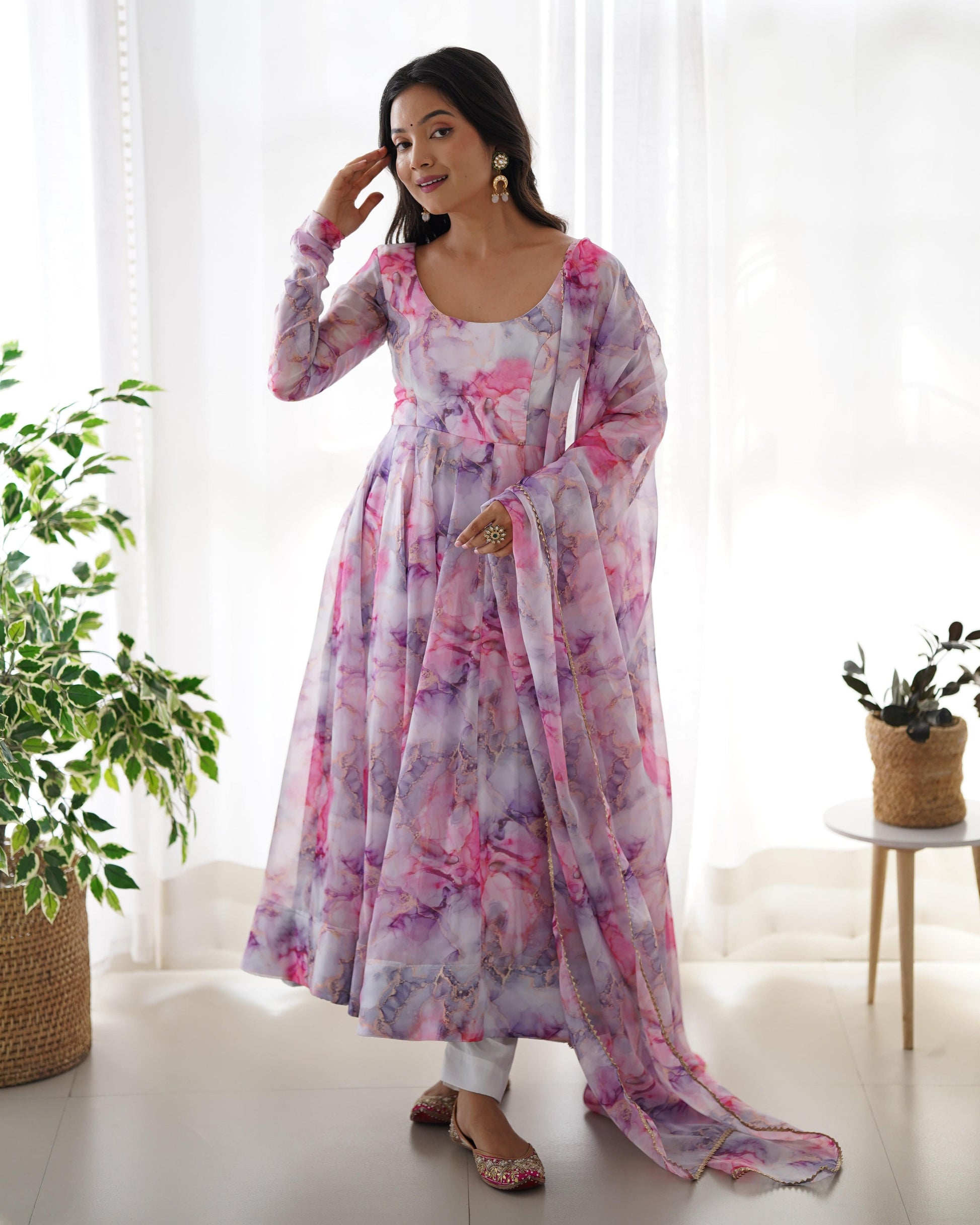 Graceful Organza Silk Floral Digital Printed Anarkali Pant Suit - INDIAN ELEGANCE