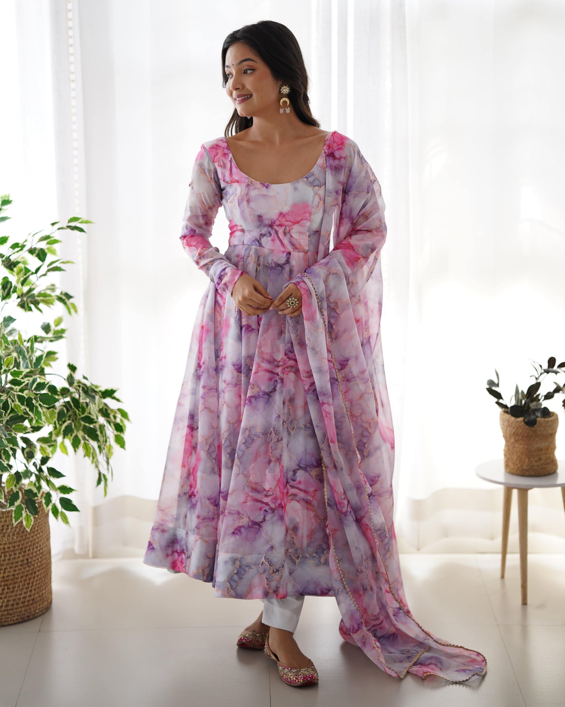 Graceful Organza Silk Floral Digital Printed Anarkali Pant Suit - INDIAN ELEGANCE