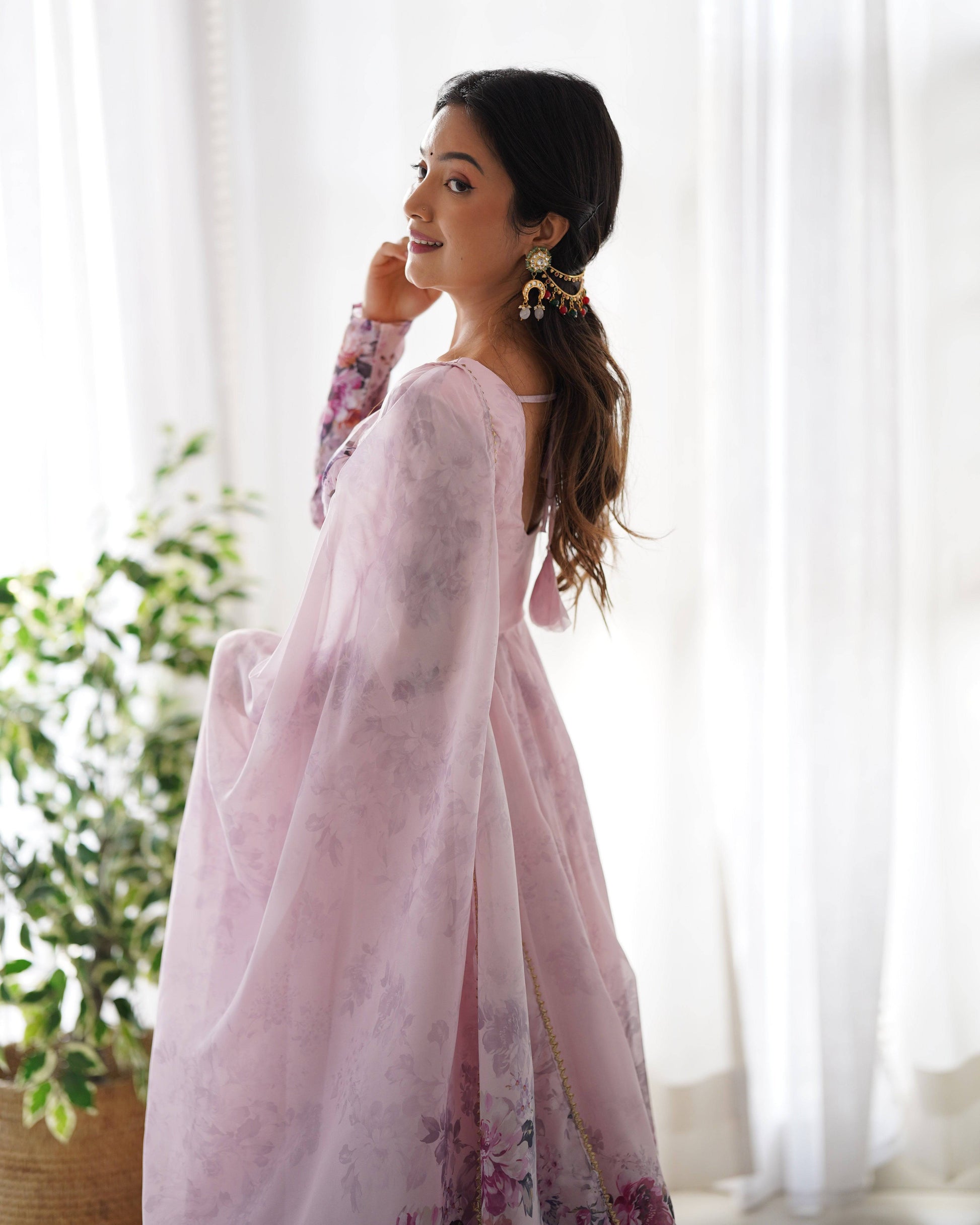 Lovely Organza Silk Floral Digital Printed Anarkali Pant Suit - INDIAN ELEGANCE