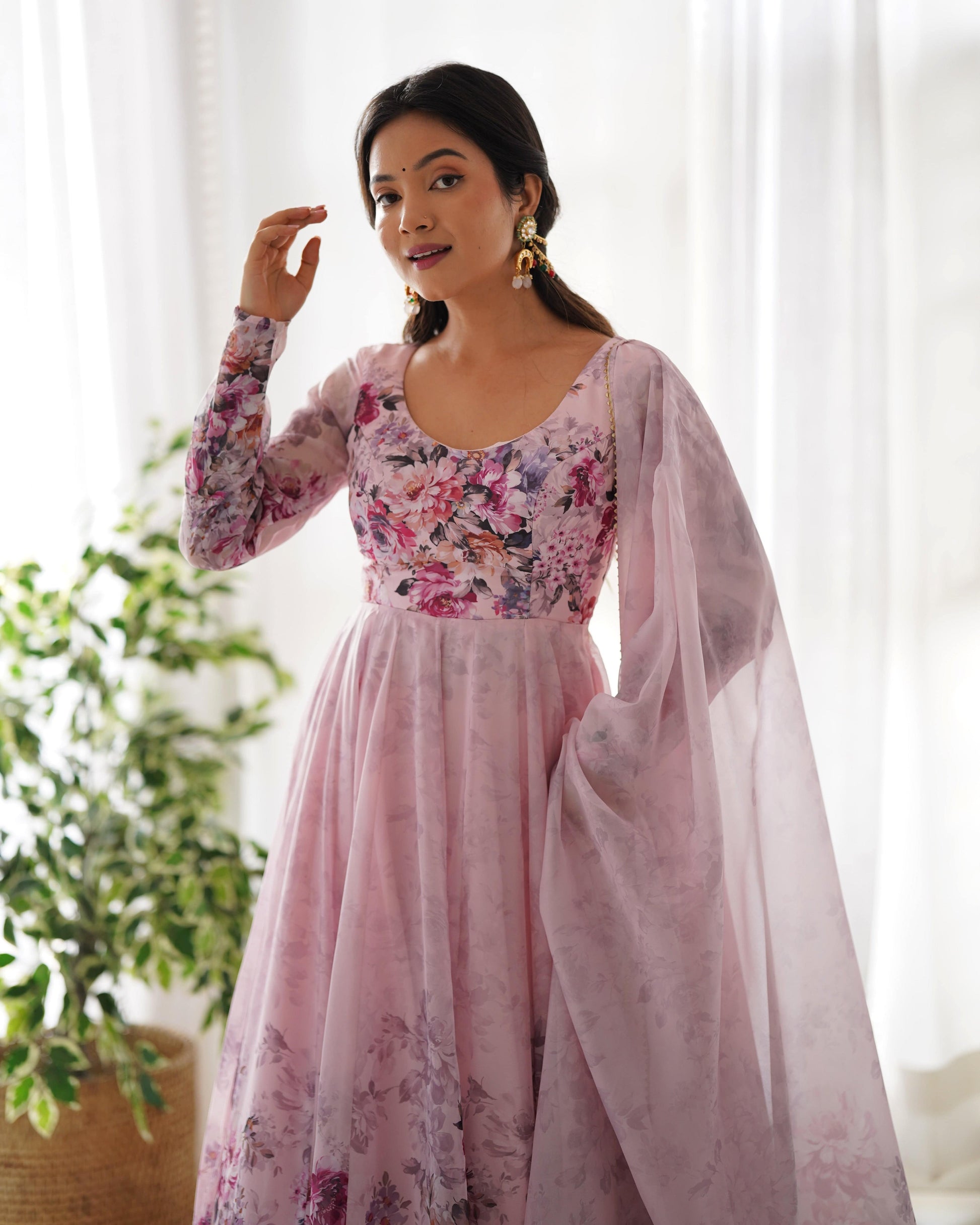 Lovely Organza Silk Floral Digital Printed Anarkali Pant Suit - INDIAN ELEGANCE