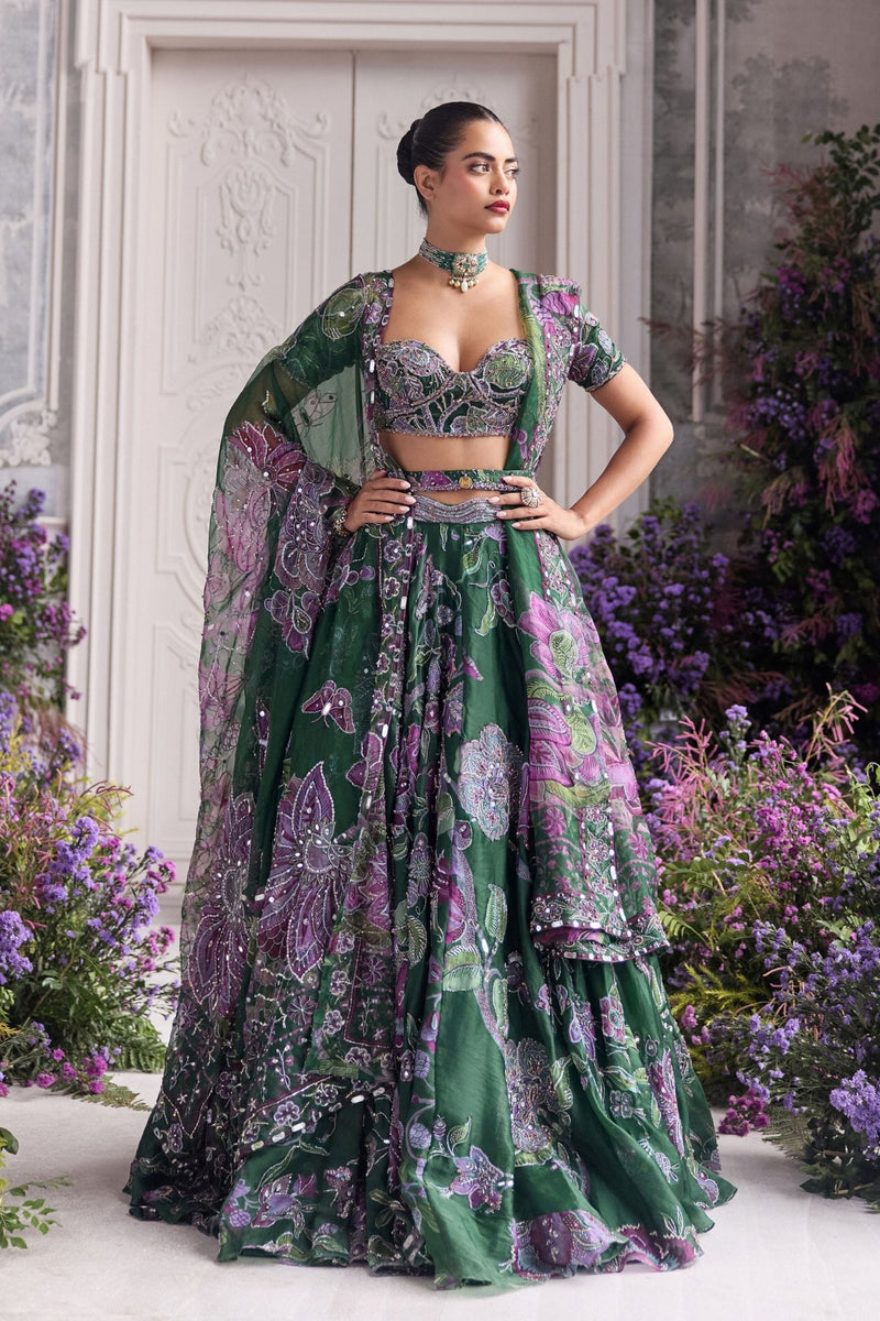 Emerald Green Floral Lehenga Set with Sequins Work – Faux Georgette Party Wear Lehenga Choli for Women | Sangeet, Wedding, Reception & Festive Wear
