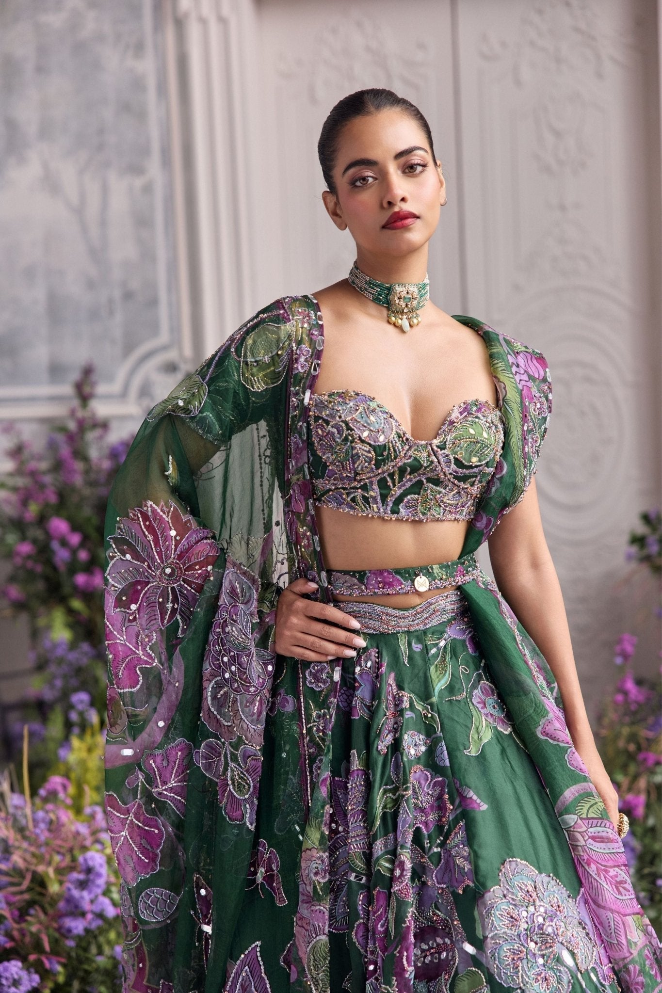 Emerald Green Floral Lehenga Set with Sequins Work – Faux Georgette Party Wear Lehenga Choli for Women | Sangeet, Wedding, Reception & Festive Wear