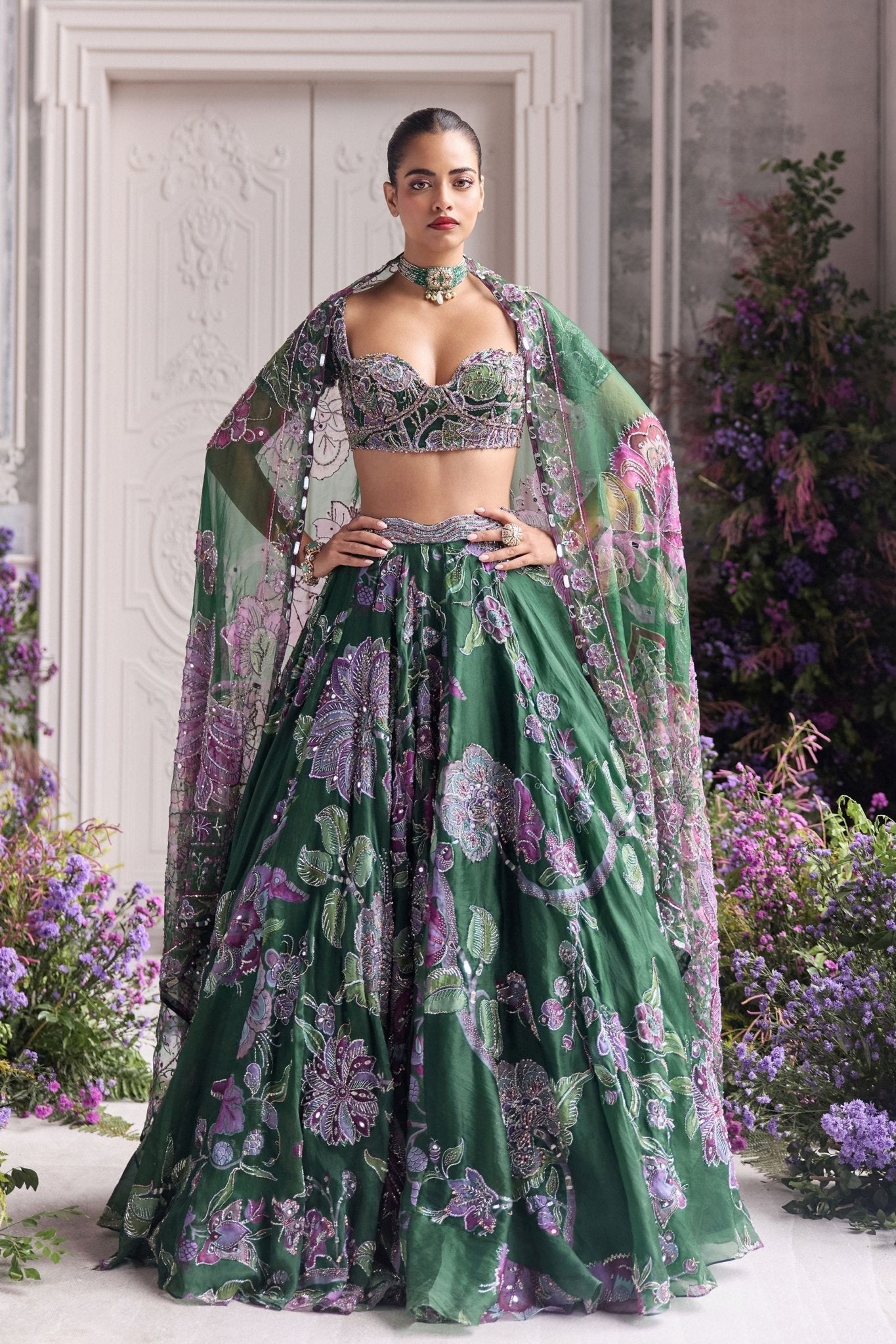 Emerald Green Floral Lehenga Set with Sequins Work – Faux Georgette Party Wear Lehenga Choli for Women | Sangeet, Wedding, Reception & Festive Wear