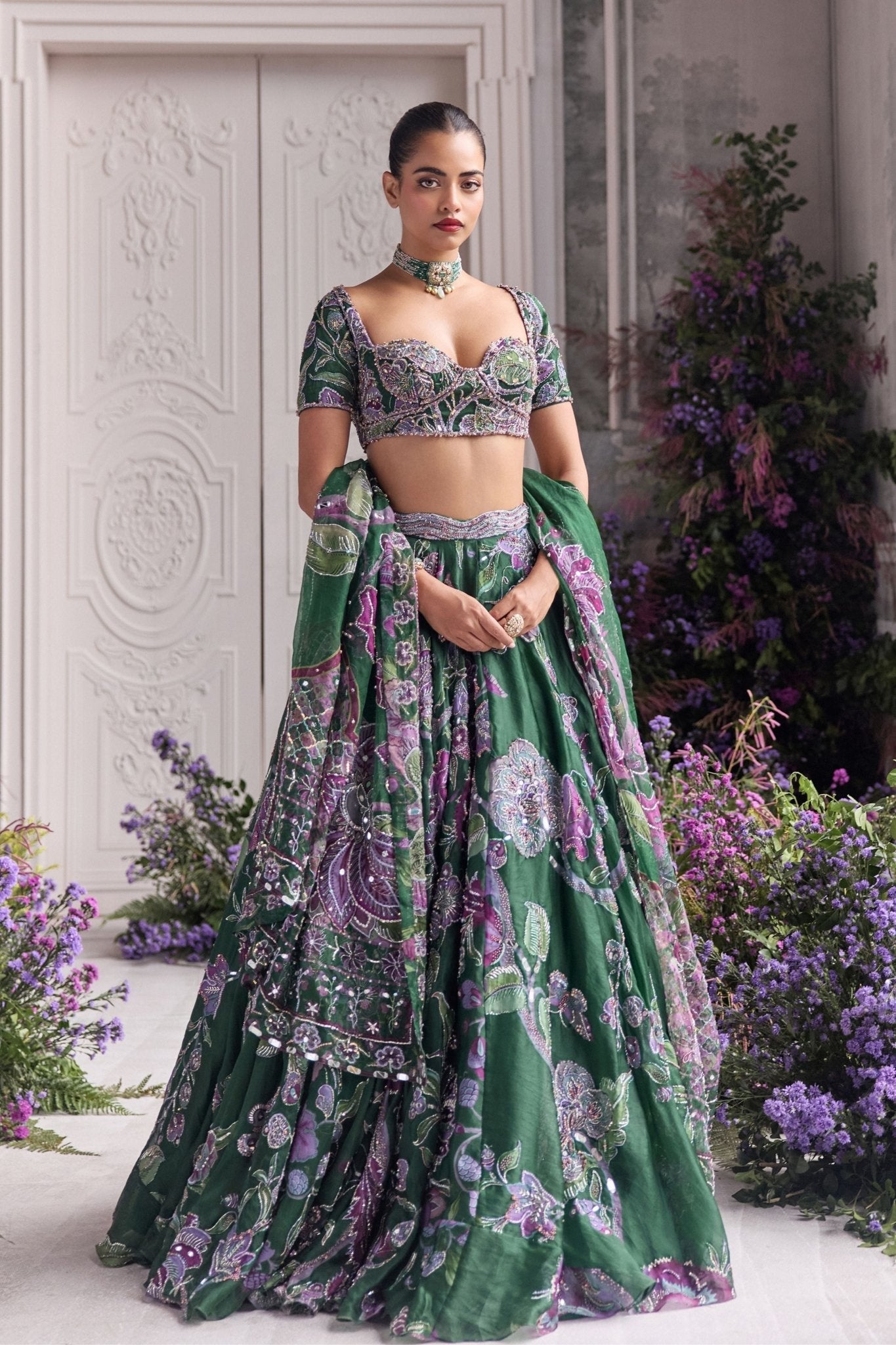 Emerald Green Floral Lehenga Set with Sequins Work – Faux Georgette Party Wear Lehenga Choli for Women | Sangeet, Wedding, Reception & Festive Wear