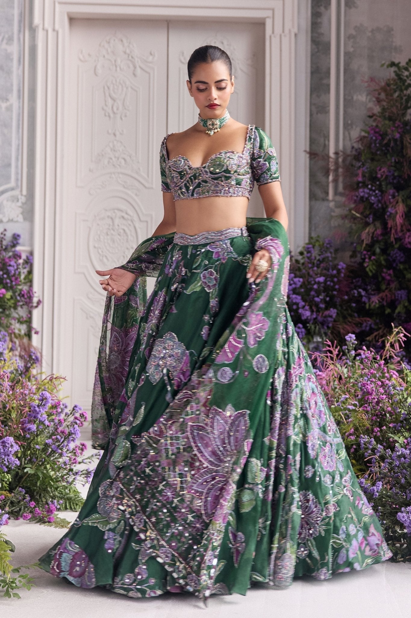 Emerald Green Floral Lehenga Set with Sequins Work – Faux Georgette Party Wear Lehenga Choli for Women | Sangeet, Wedding, Reception & Festive Wear