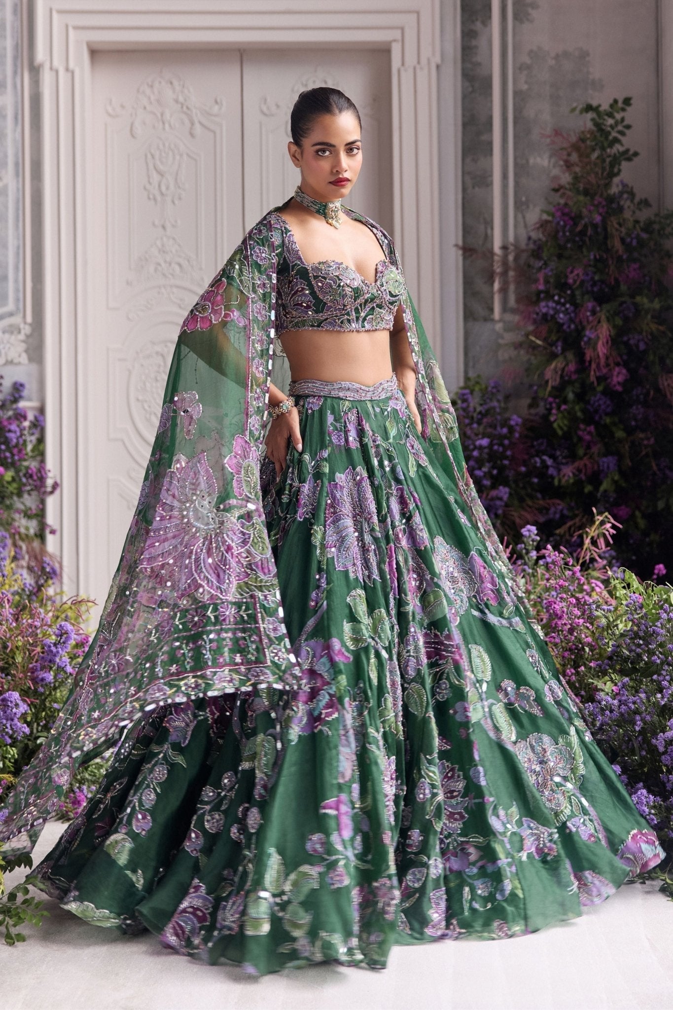 Emerald Green Floral Lehenga Set with Sequins Work – Faux Georgette Party Wear Lehenga Choli for Women | Sangeet, Wedding, Reception & Festive Wear