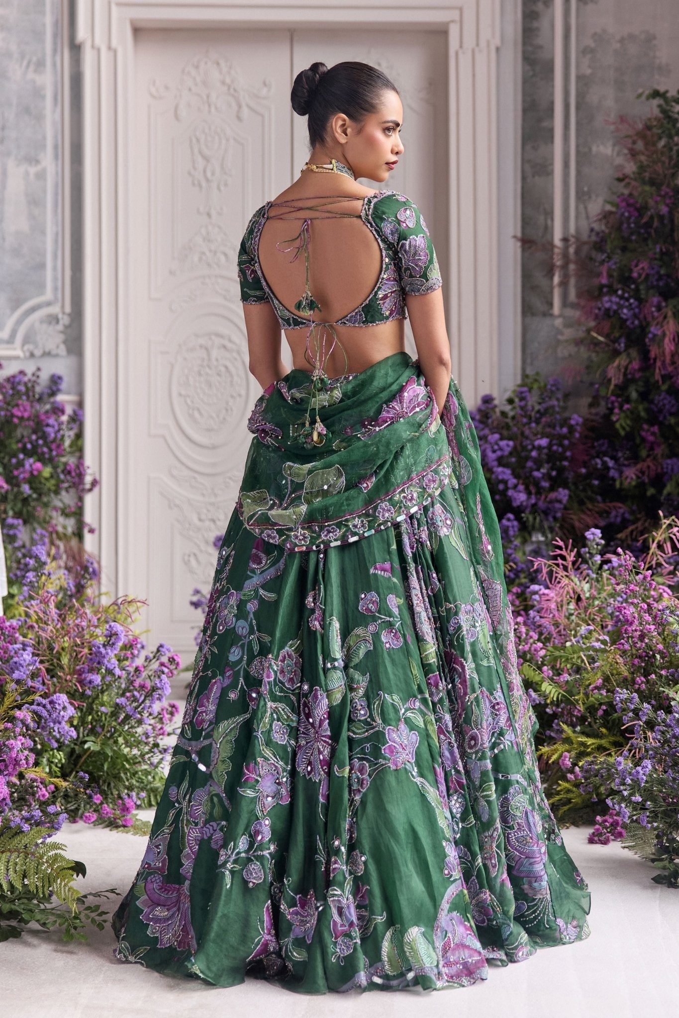 Emerald Green Floral Lehenga Set with Sequins Work – Faux Georgette Party Wear Lehenga Choli for Women | Sangeet, Wedding, Reception & Festive Wear