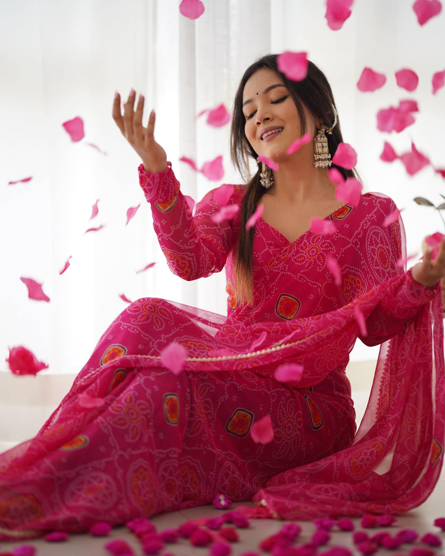 Pink Pure Soft Chiffon Bandhej Printed Ready To Wear Saree - INDIAN ELEGANCE