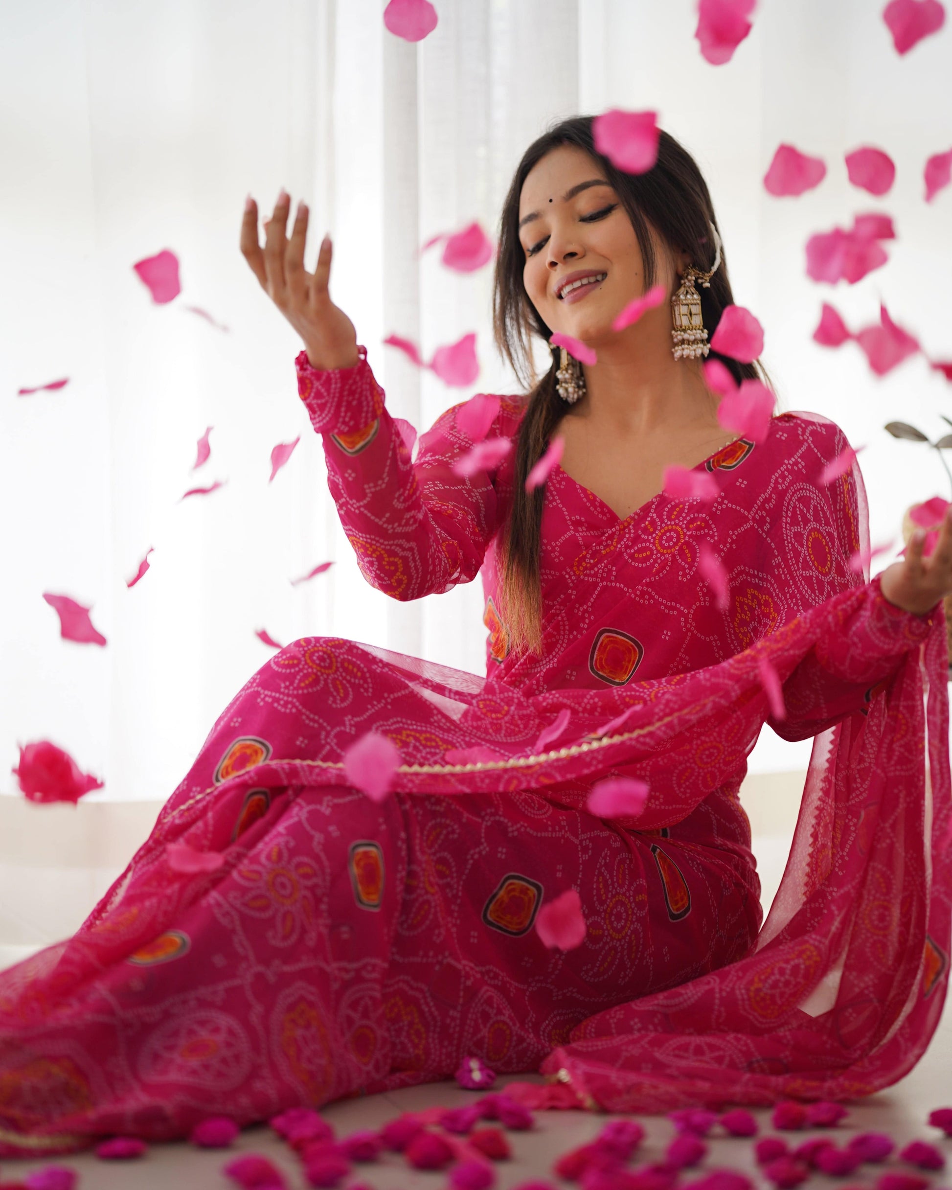 Pink Pure Soft Chiffon Bandhej Printed Ready To Wear Saree - INDIAN ELEGANCE