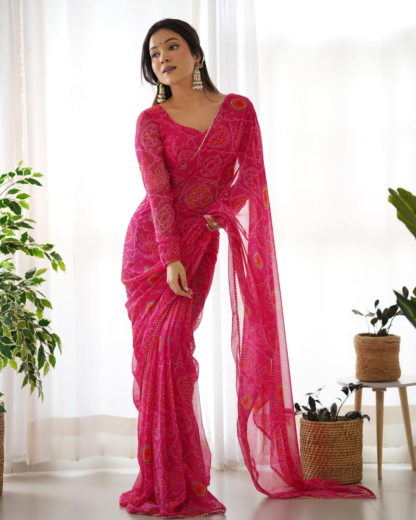 Pink Pure Soft Chiffon Bandhej Printed Ready To Wear Saree - INDIAN ELEGANCE