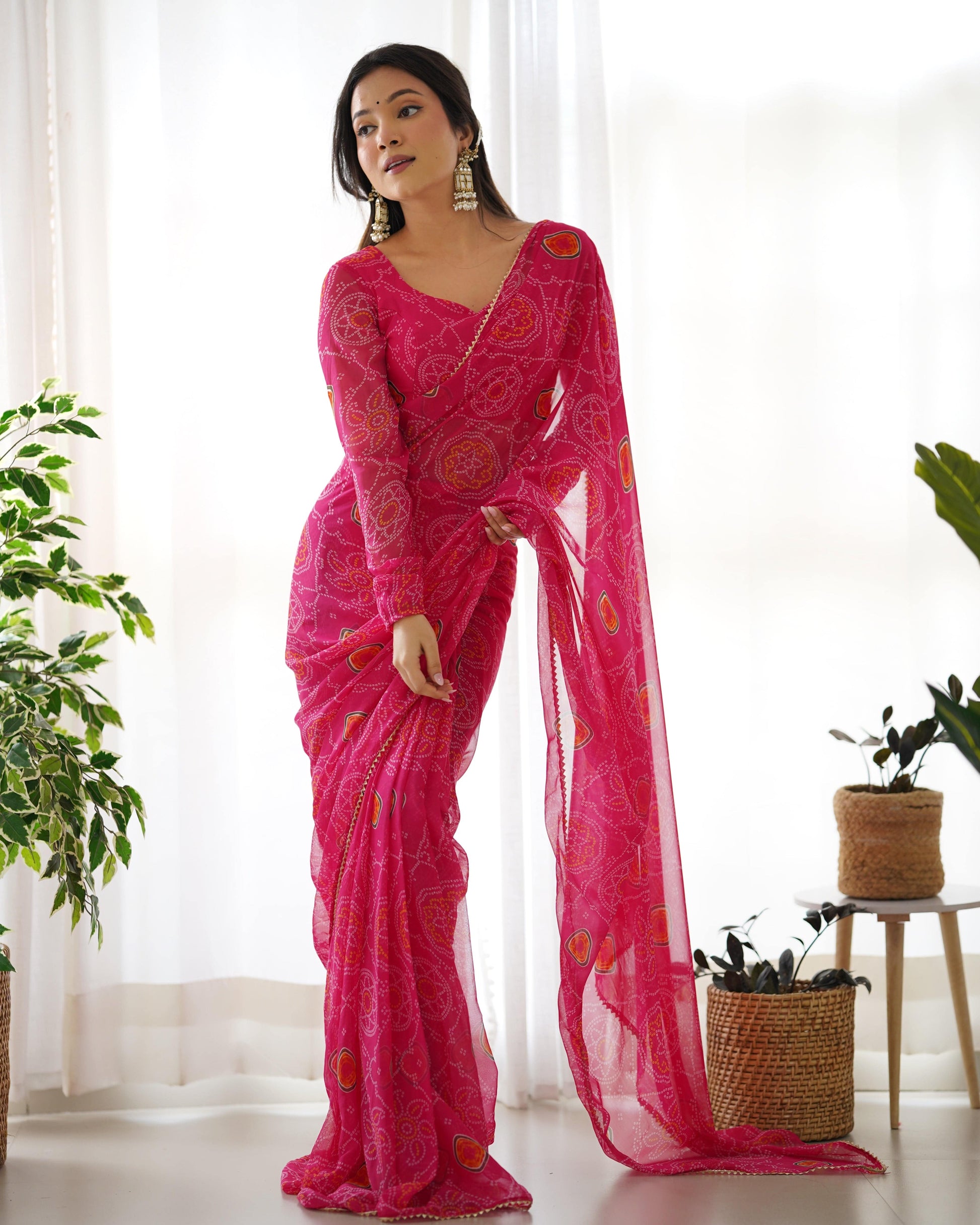 Pink Pure Soft Chiffon Bandhej Printed Ready To Wear Saree - INDIAN ELEGANCE