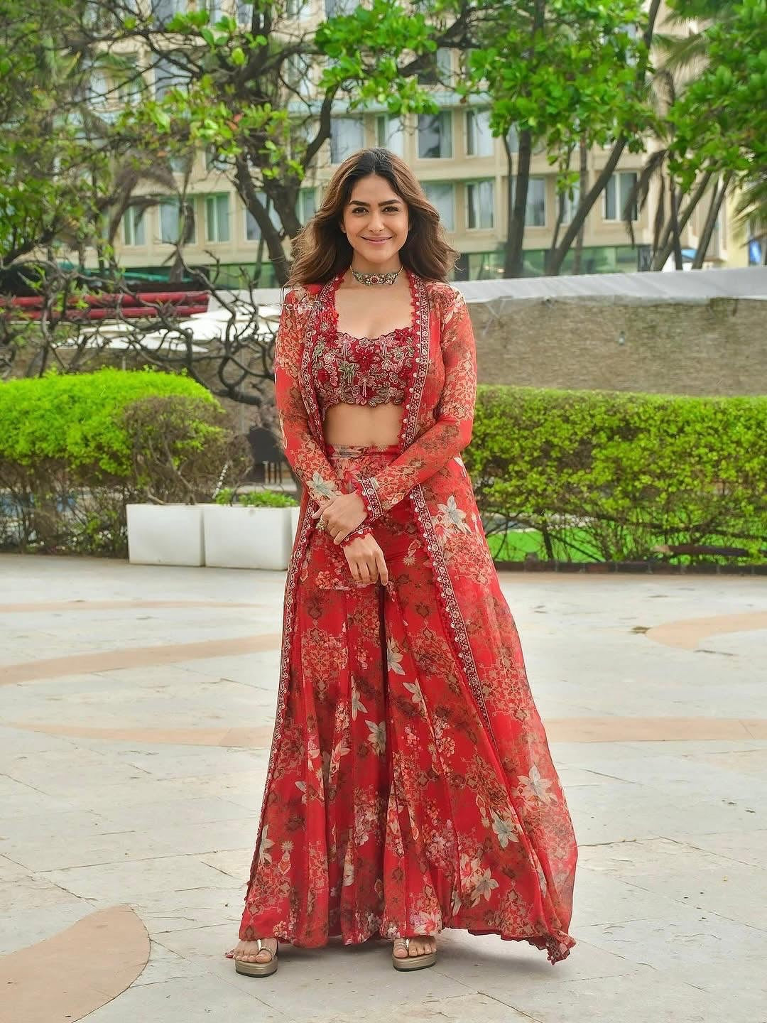Embroidered Floral Red Georgette Co-ord Set