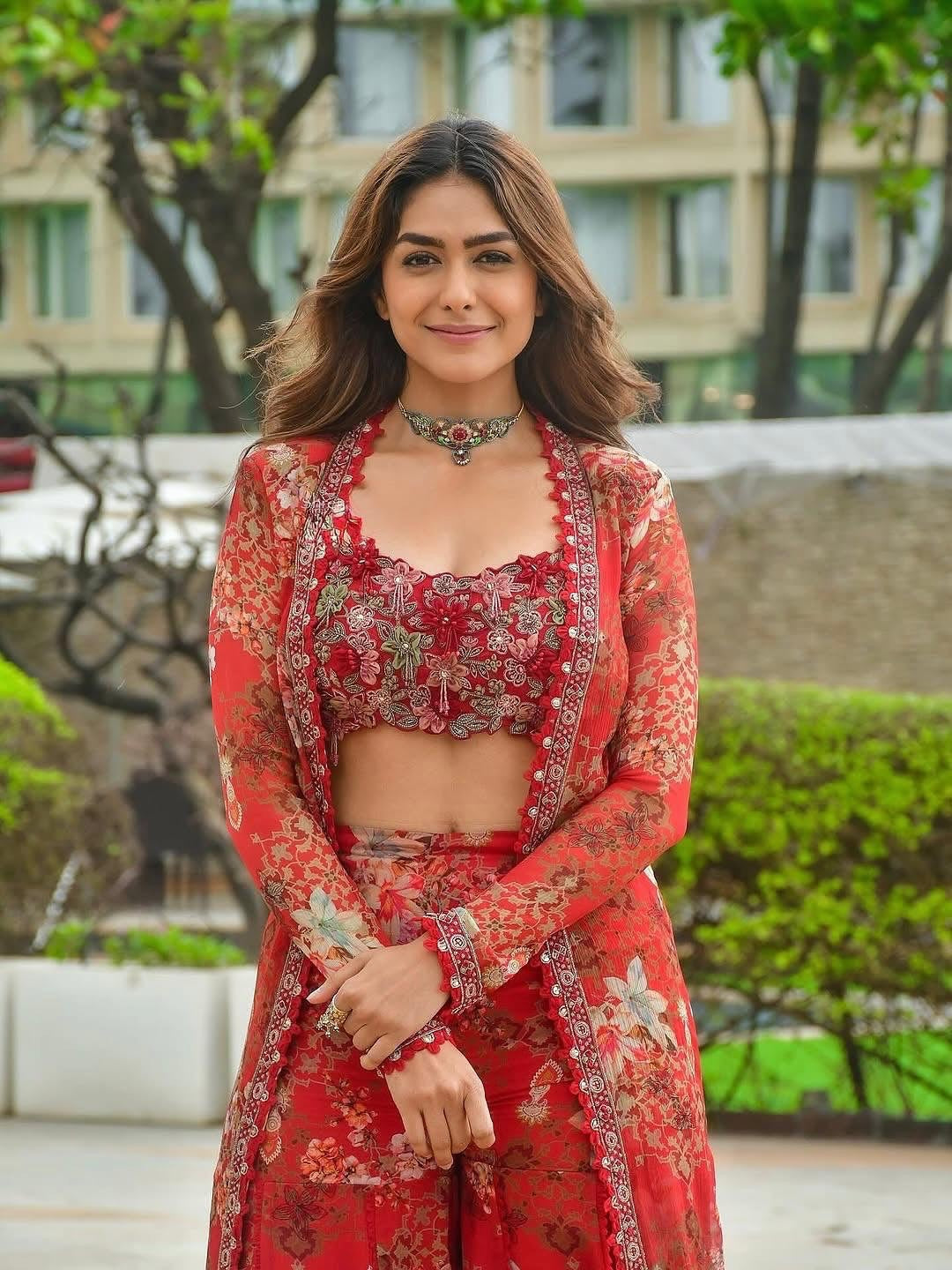 Embroidered Floral Red Georgette Co-ord Set