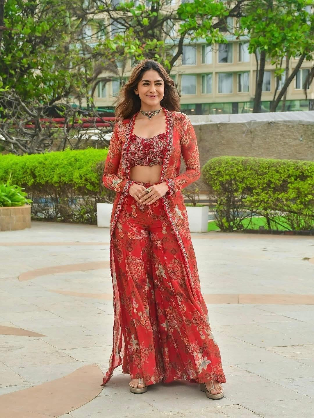 Embroidered Floral Red Georgette Co-ord Set