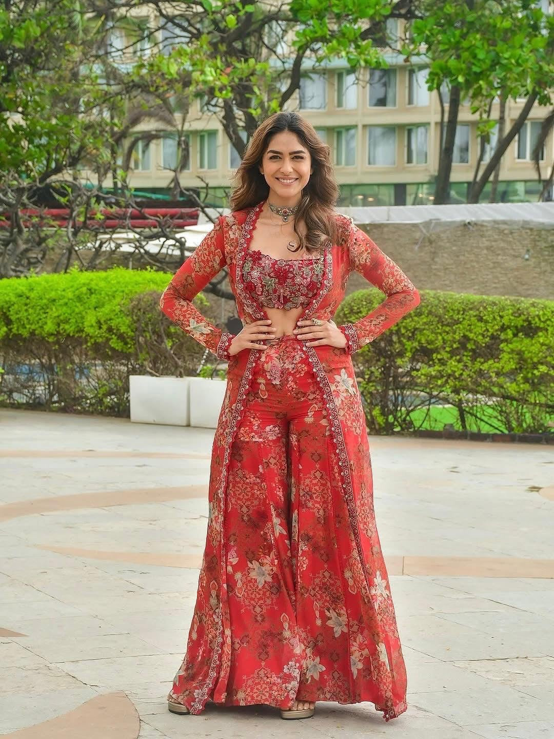Embroidered Floral Red Georgette Co-ord Set