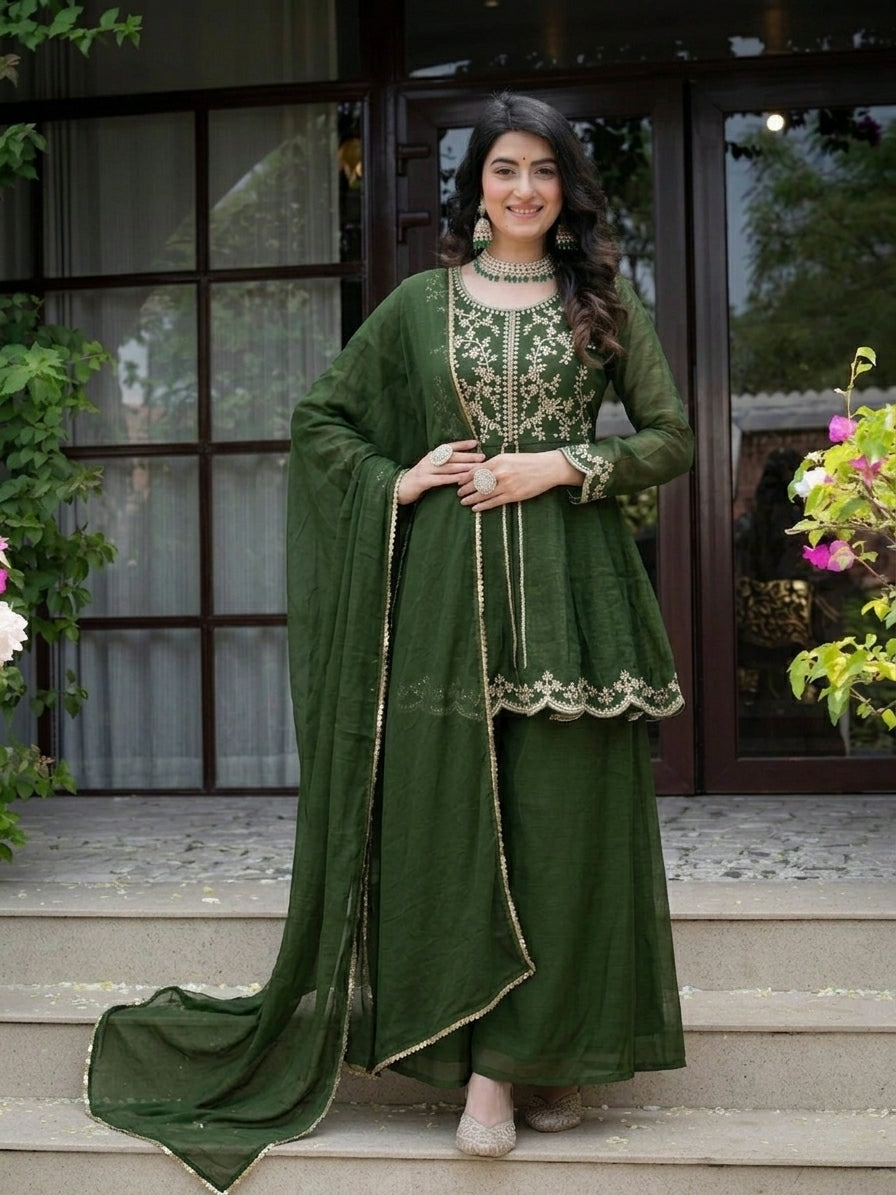 Green Crunchy Silk Palazzo Suit Set with Embroidered Dupatta for Women | Designer Festive & Wedding Wear | Party Wear & Wedding Outfit