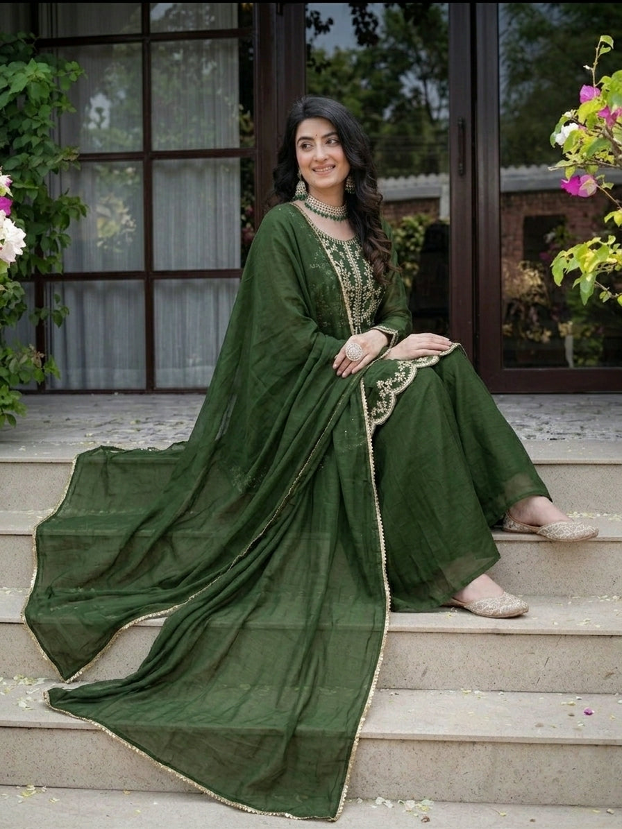 Green Crunchy Silk Palazzo Suit Set with Embroidered Dupatta for Women | Designer Festive & Wedding Wear | Party Wear & Wedding Outfit