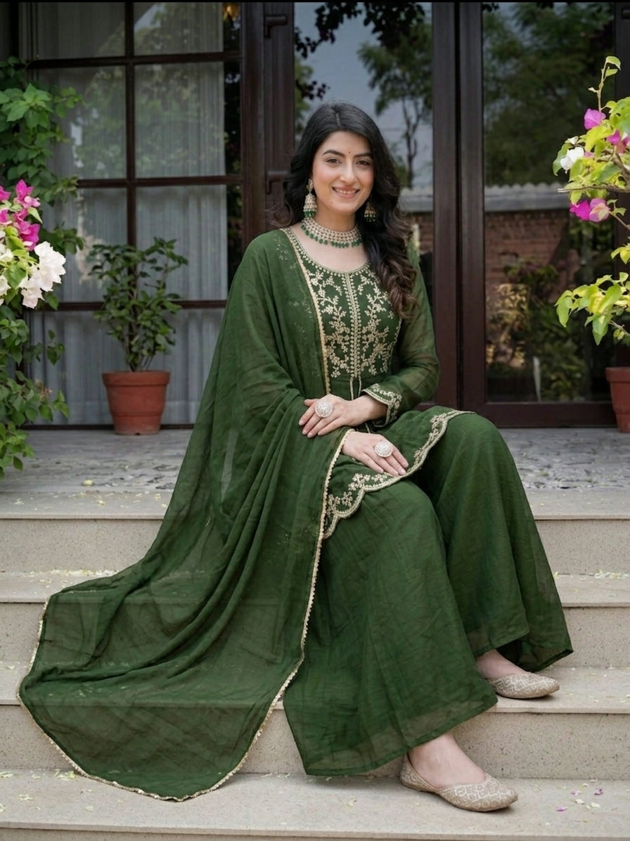 Green Crunchy Silk Palazzo Suit Set with Embroidered Dupatta for Women | Designer Festive & Wedding Wear | Party Wear & Wedding Outfit