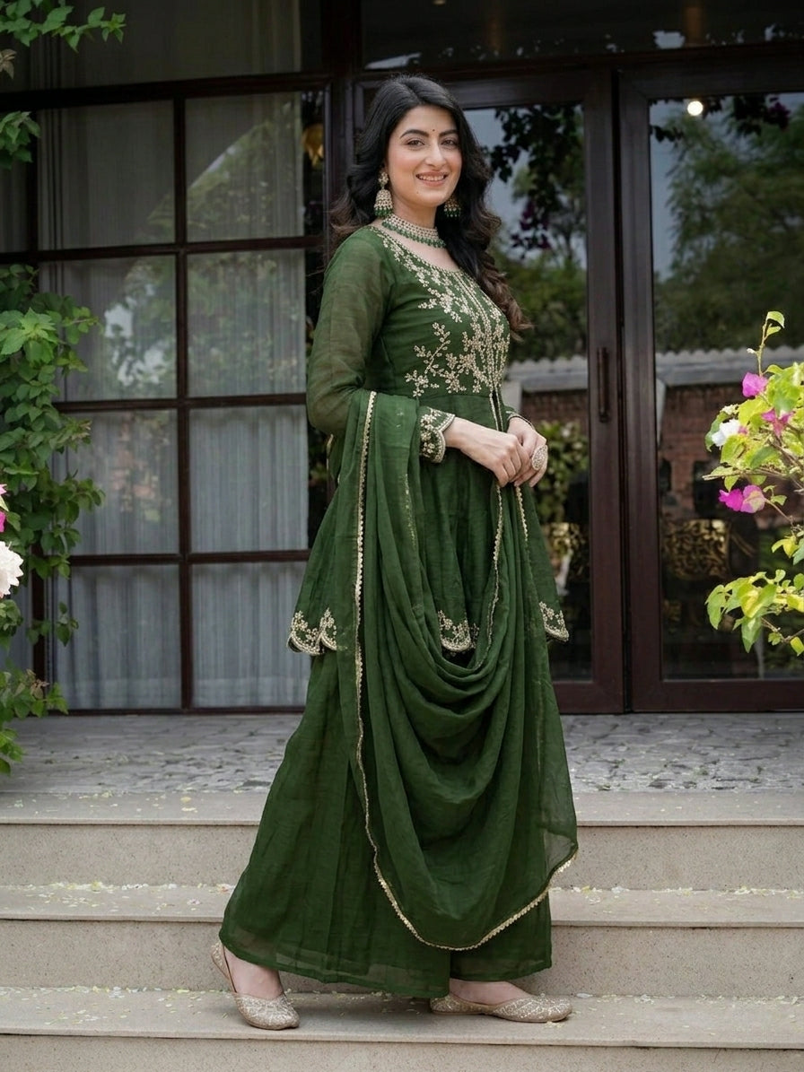Green Crunchy Silk Palazzo Suit Set with Embroidered Dupatta for Women | Designer Festive & Wedding Wear | Party Wear & Wedding Outfit