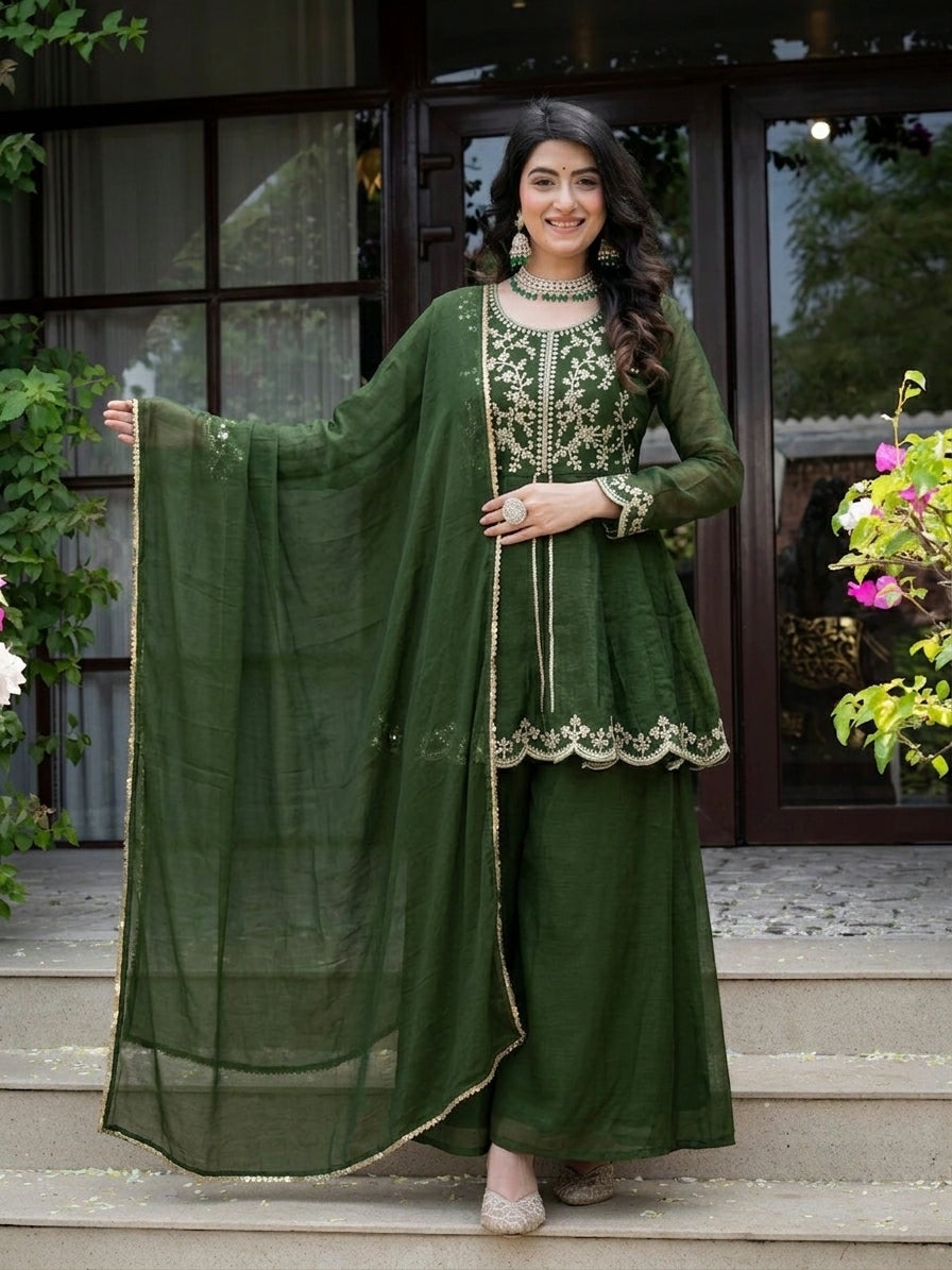 Green Crunchy Silk Palazzo Suit Set with Embroidered Dupatta for Women | Designer Festive & Wedding Wear | Party Wear & Wedding Outfit