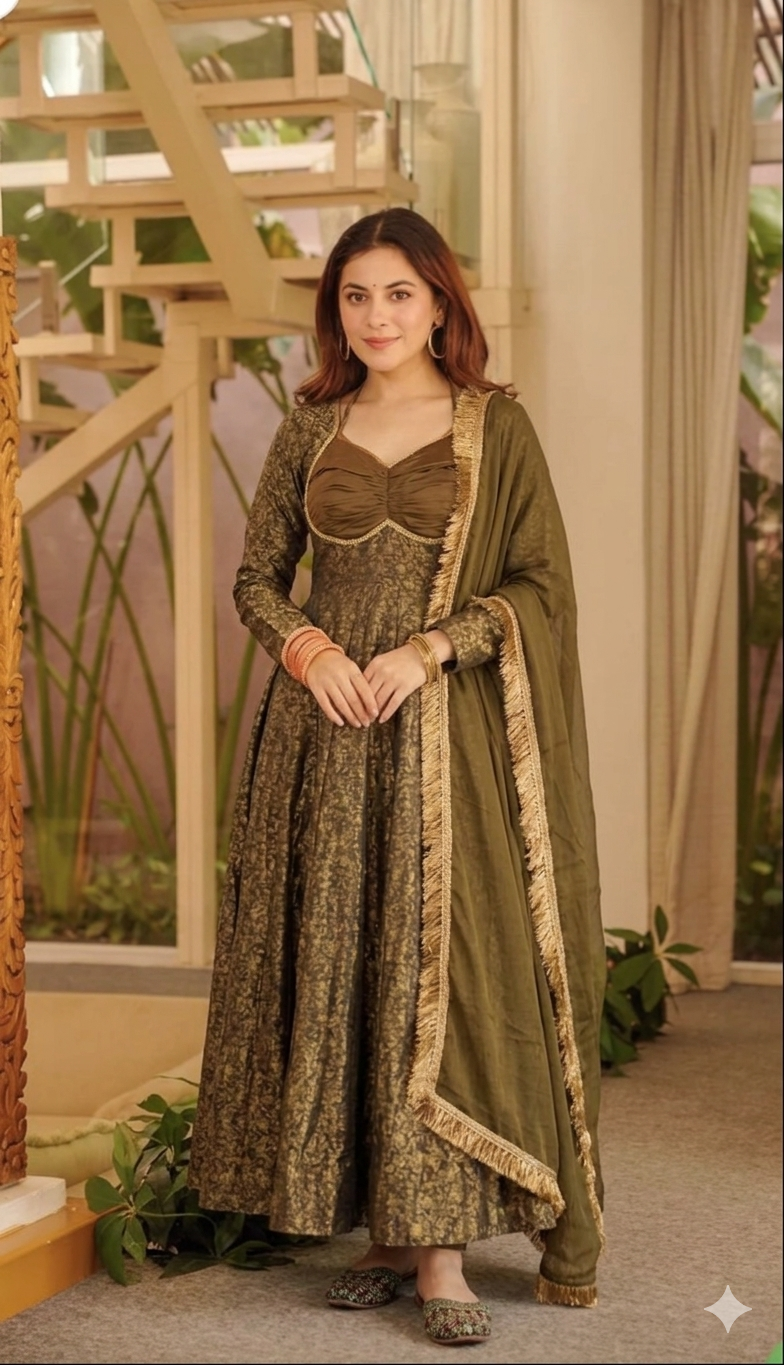Premium Olive Green Floral Brocade Jacquard Anarkali Suit Set For Woman With Dupatta For Wedding & Festive Wear