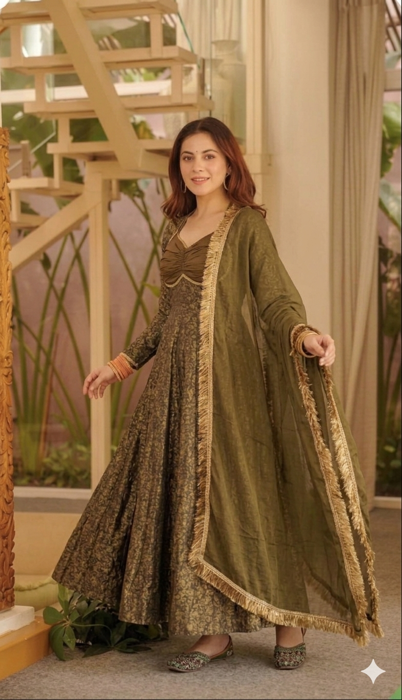 Premium Olive Green Floral Brocade Jacquard Anarkali Suit Set For Woman With Dupatta For Wedding & Festive Wear