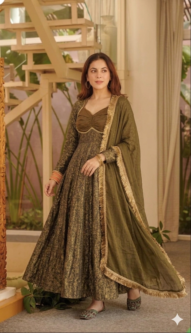 Premium Olive Green Floral Brocade Jacquard Anarkali Suit Set For Woman With Dupatta For Wedding & Festive Wear