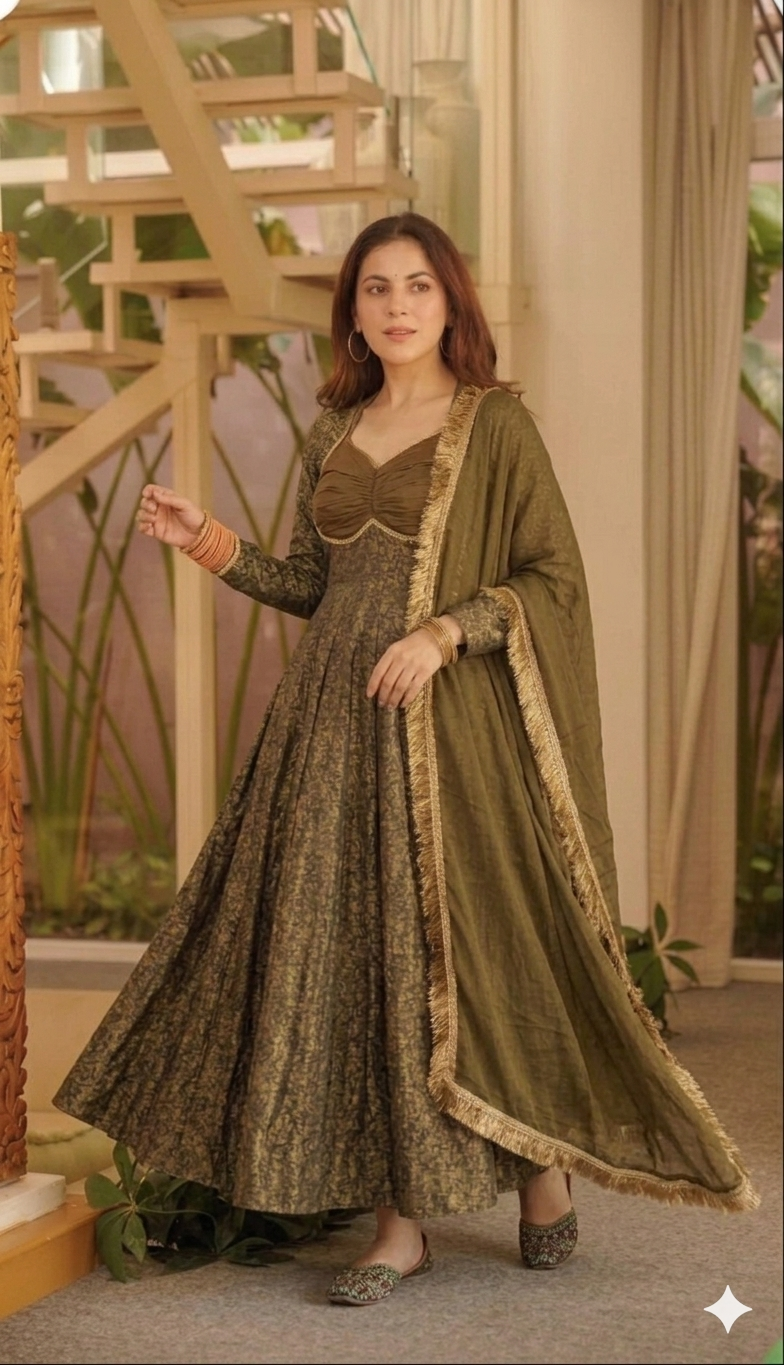Premium Olive Green Floral Brocade Jacquard Anarkali Suit Set For Woman With Dupatta For Wedding & Festive Wear