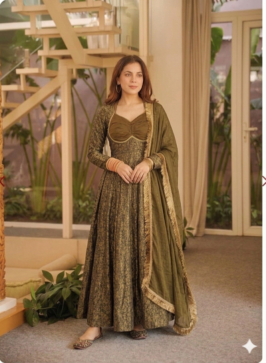 Premium Olive Green Floral Brocade Jacquard Anarkali Suit Set For Woman With Dupatta For Wedding & Festive Wear