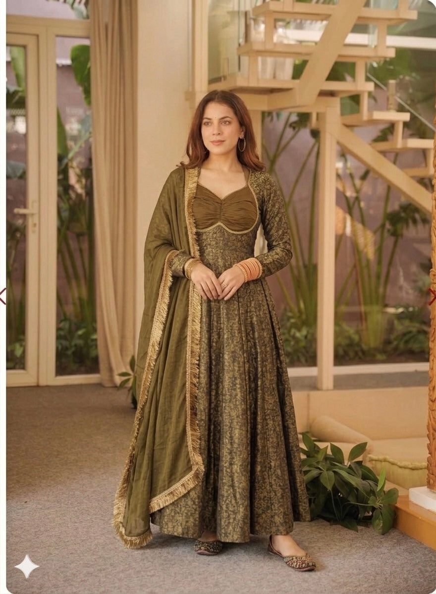 Premium Olive Green Floral Brocade Jacquard Anarkali Suit Set For Woman With Dupatta For Wedding & Festive Wear
