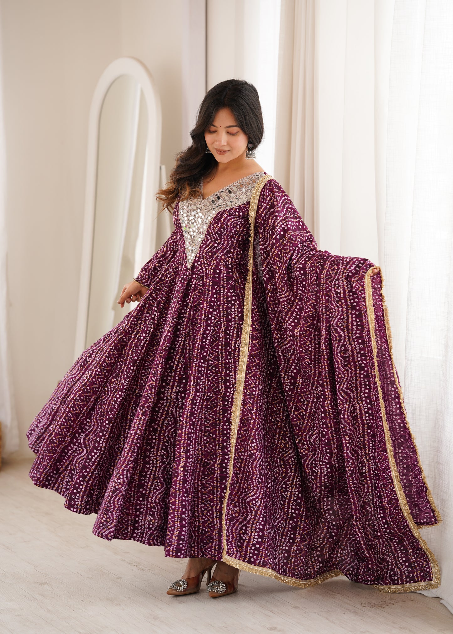 Wine Purple Mirror Work Anarkali Gown Set for Women | Wedding, Sangeet & Party Wear