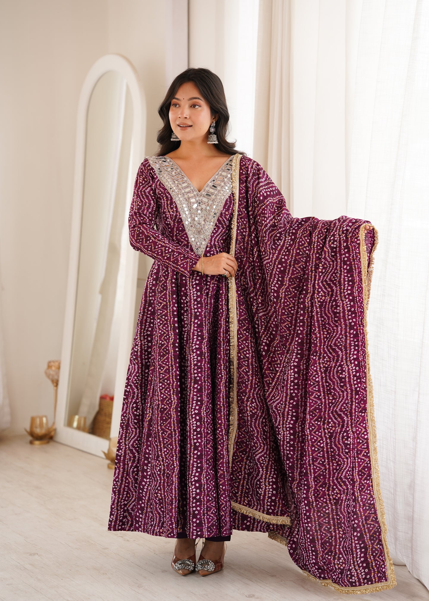 Wine Purple Mirror Work Anarkali Gown Set for Women | Wedding, Sangeet & Party Wear