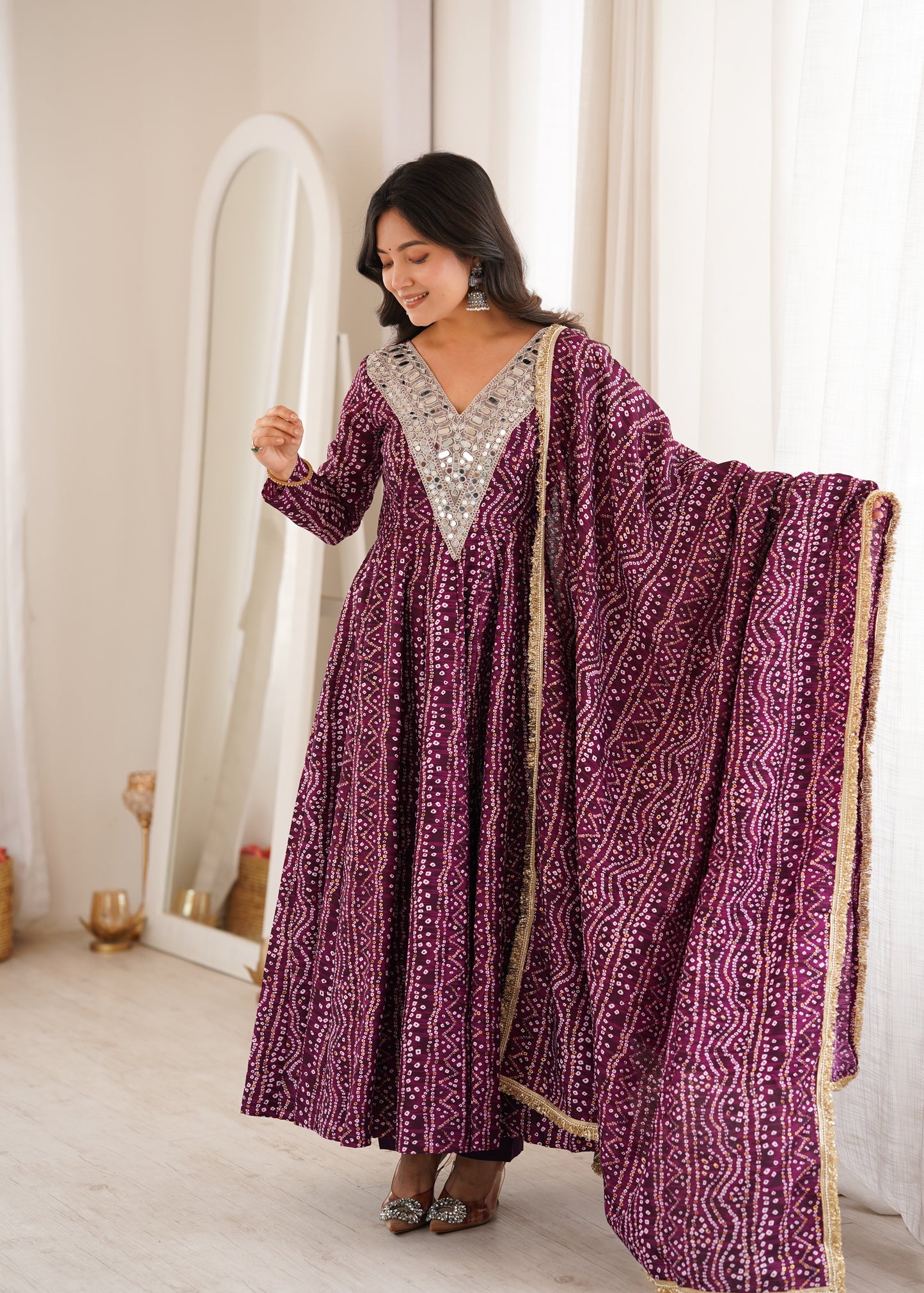 Wine Purple Mirror Work Anarkali Gown Set for Women | Wedding, Sangeet & Party Wear