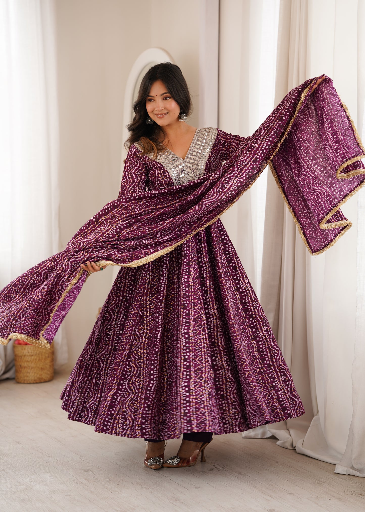 Wine Purple Mirror Work Anarkali Gown Set for Women | Wedding, Sangeet & Party Wear