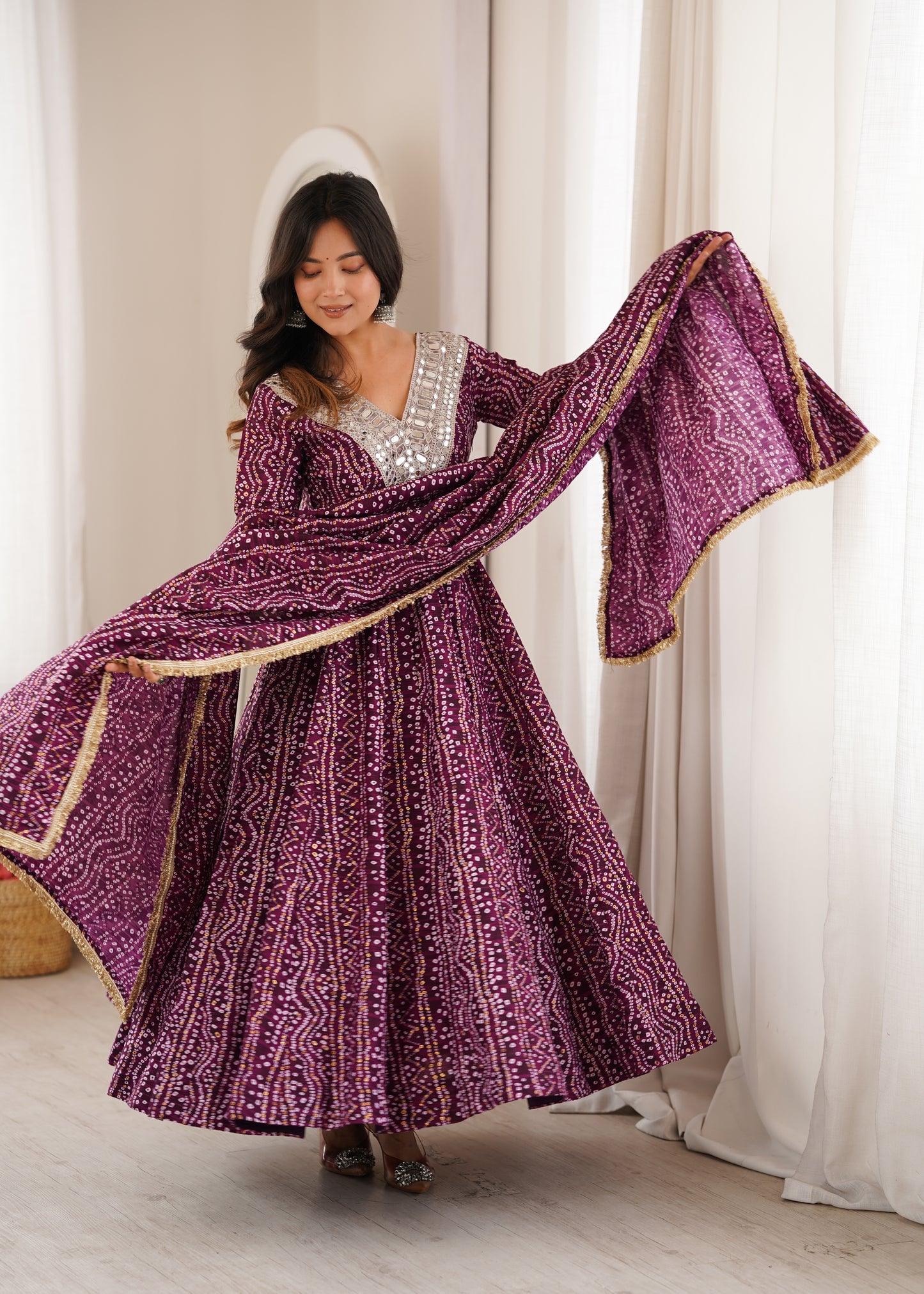 Wine Purple Mirror Work Anarkali Gown Set for Women | Wedding, Sangeet & Party Wear